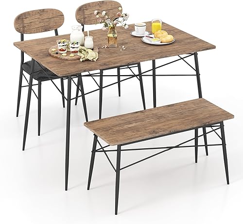 Miniatura 8 de MAT EXPERT Juego de mesa de comedor para 4, mesa de cocina rectangular y sillas con respaldo y patas de metal, juego de comedor retro, juego de mesa
