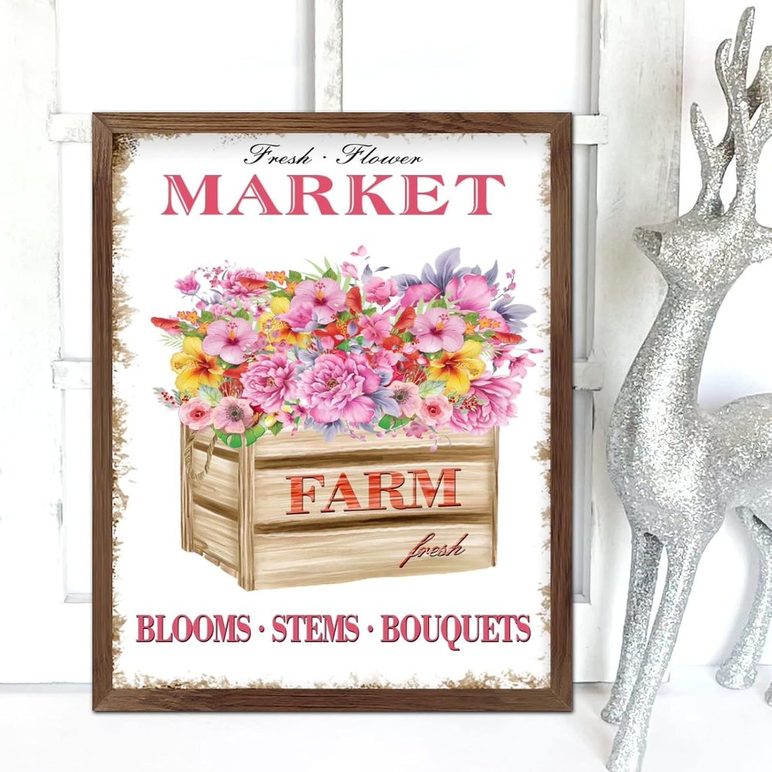 Farm Fresh Flower Market Wooden Framed Signs Spring Fresh Orchid Flower Box Wooden Art Wall Farmhouse Garden Floral Wall Art Hanging Farmhouse Decoration Plaque for Home Bar Room Bedroom 20x16inch