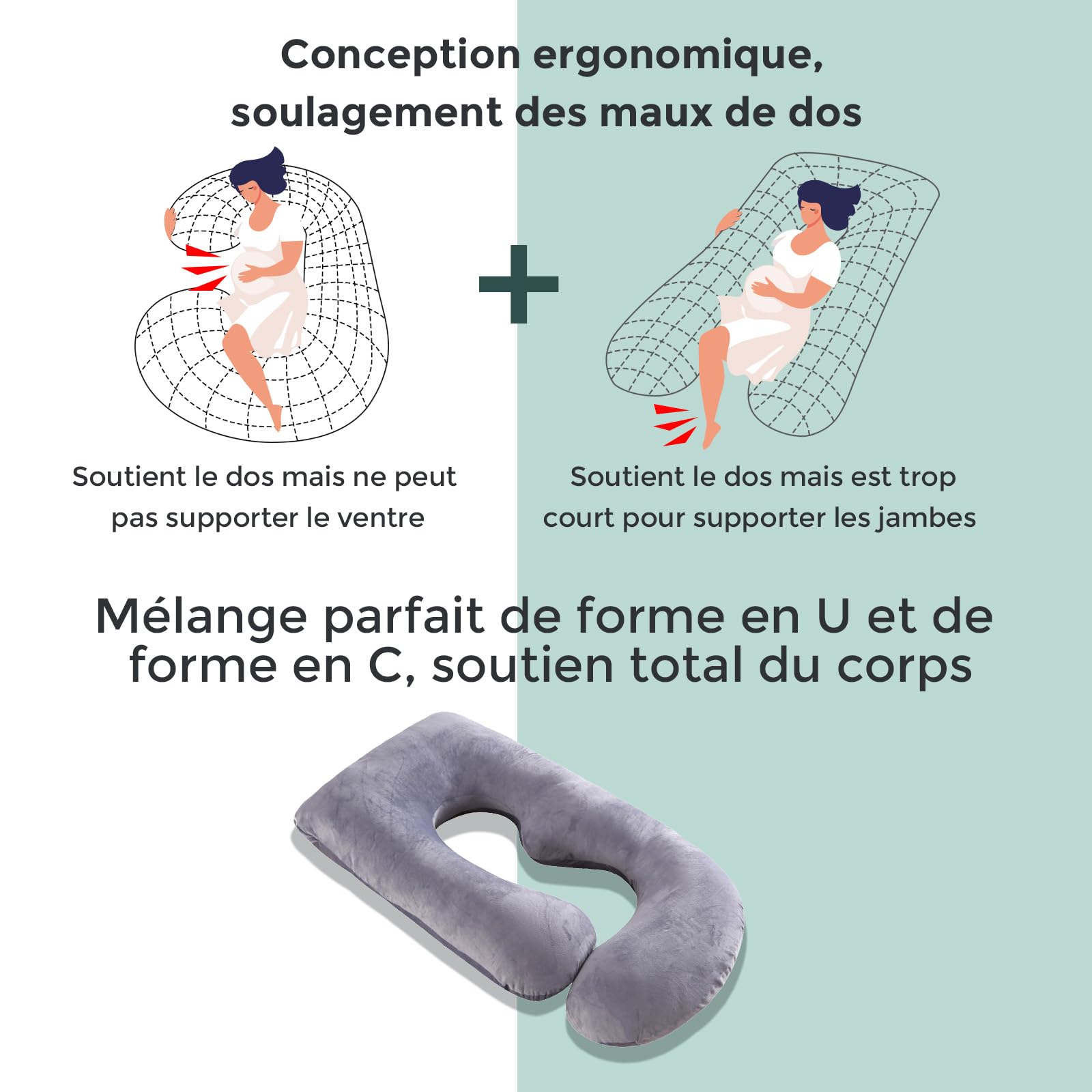 momcozy Coussin de Grossesse, en Velours Cristal, en Forme de U, pour Dormir sur Le côté, 145 cm, soulage Le Dos et Les Hanches