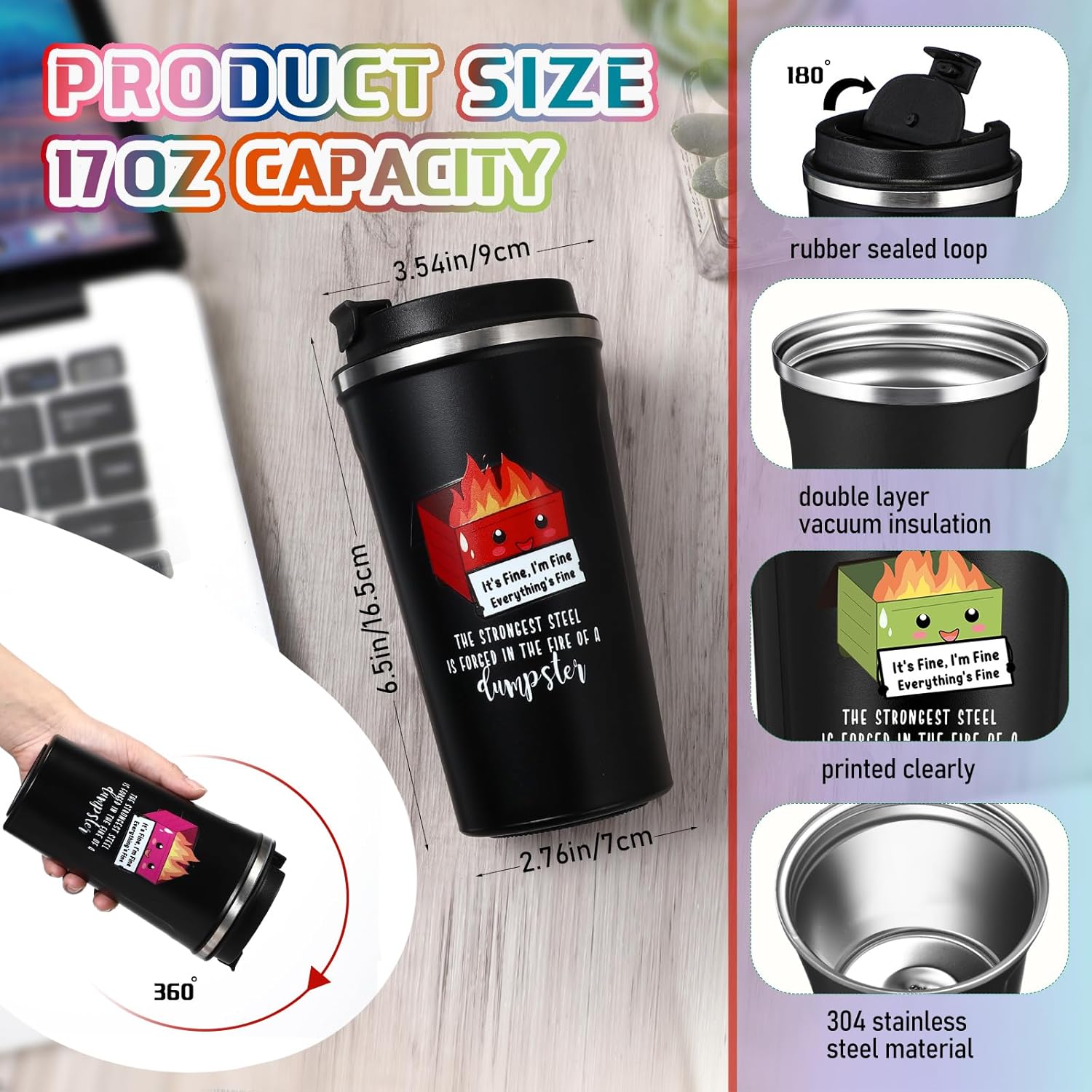 Skylety 10 Pcs Dumpster Fire Funny Tumbler 17oz Employee Appreciation Gift for Adult Coworker Office Desk Accessories, Positive Everything Is Fine Mug Bulk White Elephant Gift (Multicolor) - Image 2