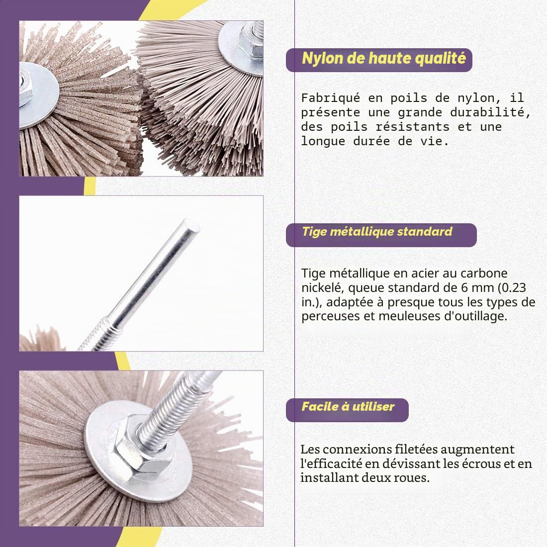 Swpeet Lot de 5 brosses abrasives en nylon avec tige filetée de 6 mm 80 # 180 # 240 # 320 # 600 # Lot de 5 brosses abrasives pour polissage et nettoyage de la rouille et de la peinture