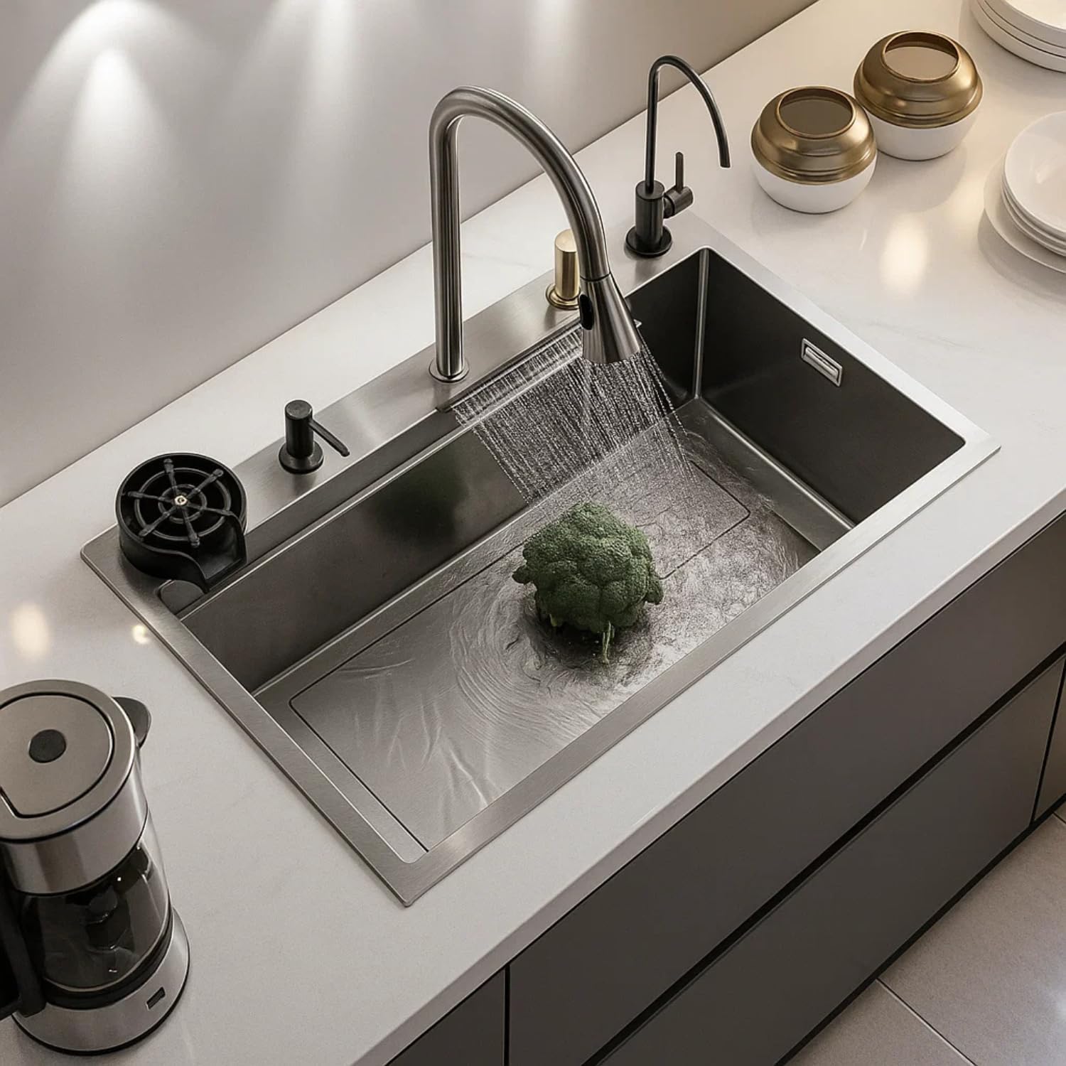 Waterfall Kitchen Sink 24"x18"x9" Waterfall Sink | 304 Grade Stainless Steel Kitchen Sinks | Honeycomb Design Nano Black Matte Finish Kitchen Sink with Integrated Waterfall & Pull-Down Faucets