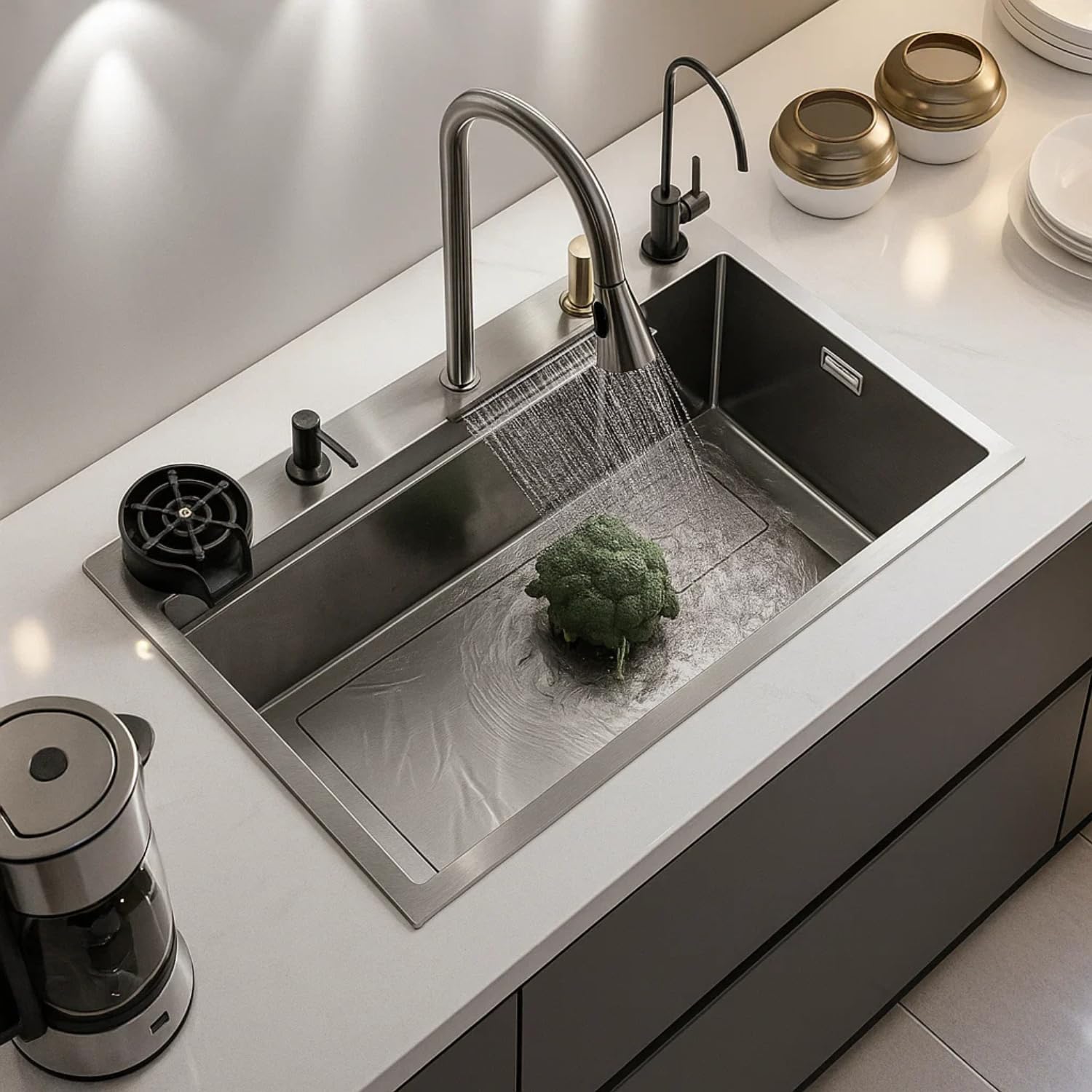 Waterfall Kitchen Sink 24"x18"x9" Waterfall Sink | 304 Grade Stainless Steel Kitchen Sinks | Honeycomb Design Nano Black Matte Finish Kitchen Sink with Integrated Waterfall & Pull-Down Faucets