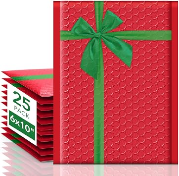 Fuxury Bubble Mailers 6x10" Christmas Padded Envelopes 25 Pack | Usable Size 6x9" Thick Mailing Envelopes Bubble Opaque Padded Mailers Shipping Bags for Jewelry Makeup Small Business #0 Red