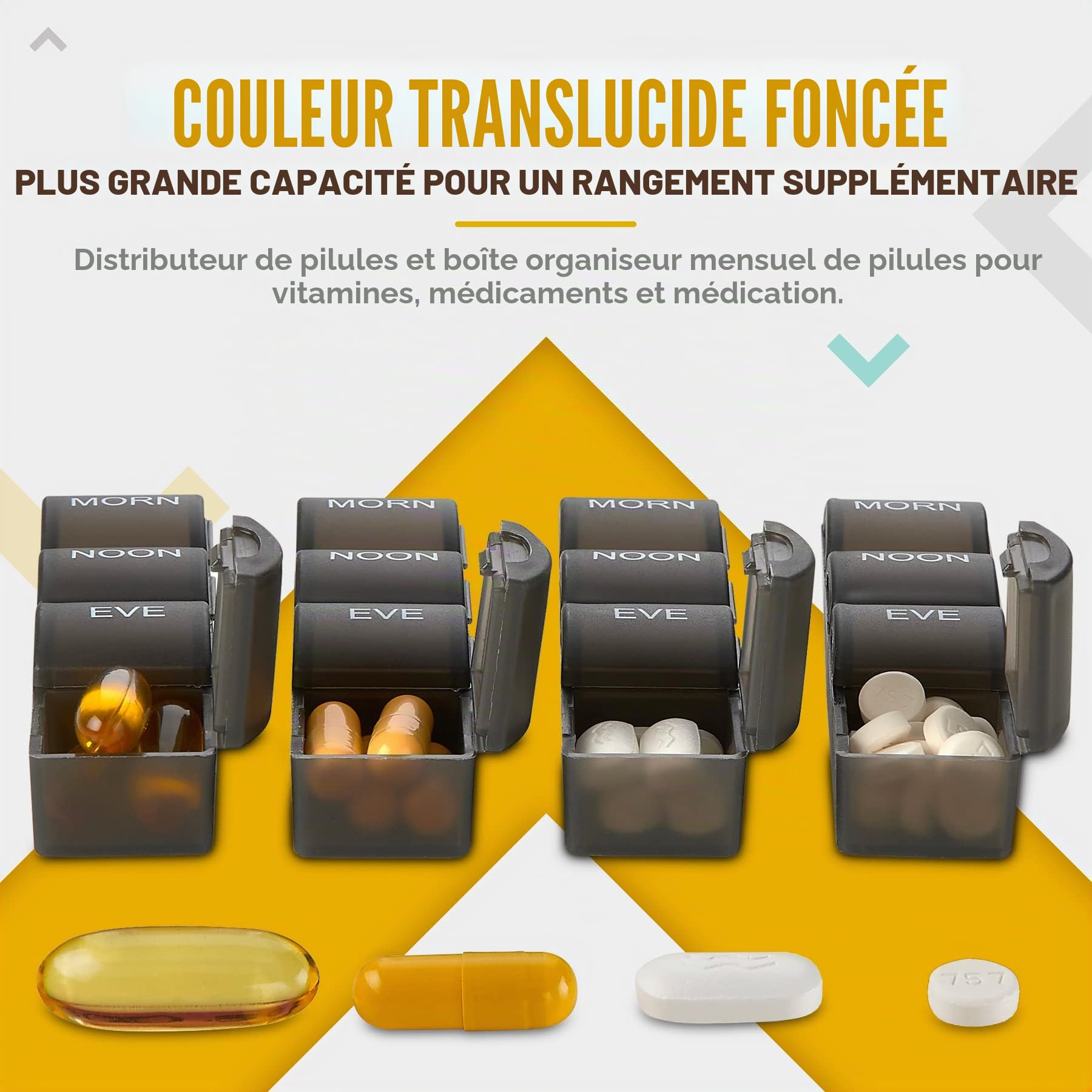 Pilulier mensuel - 4 fois par jour matin-midi-soir-nuit - Grands piluliers quotidiens 32 avec compartiments pour vitamines, suppléments, médicaments - Pilulier mensuel de voyage, noir
