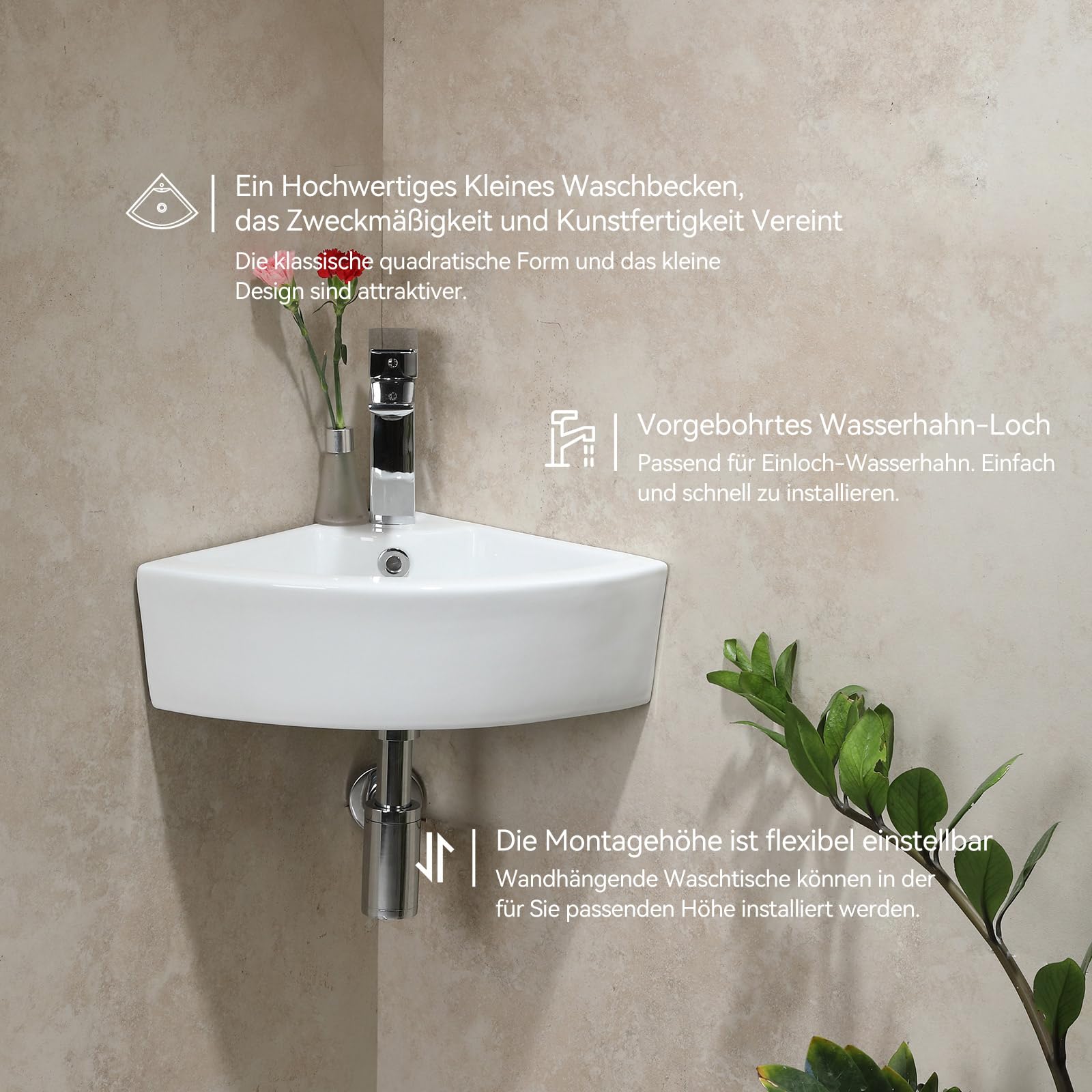 Teal Home Lavabo Esquinero de Cerámica para Baño - Mini Lavabo de Pared para Invitados, 46 x 32 x 12,5 cm, Con Rebosadero