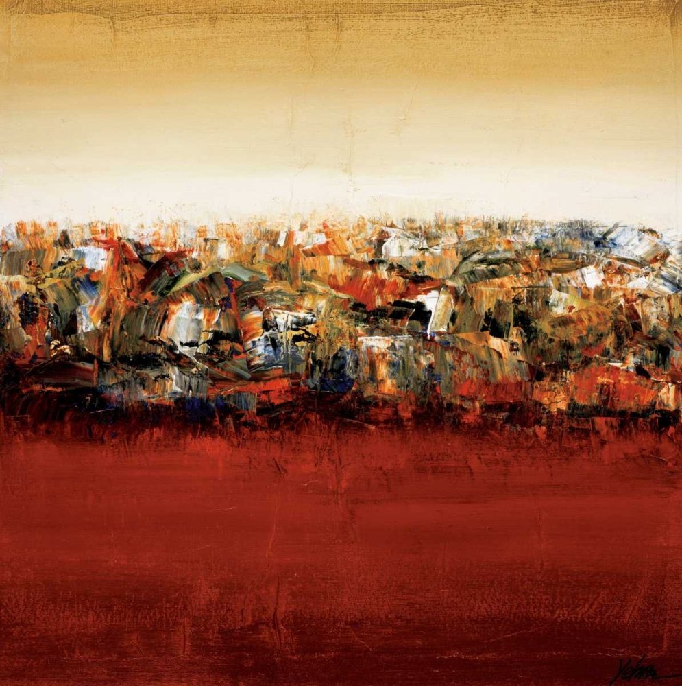 ART-CANVAS-stretched-on-WOODEN -BARS Red Lake Wang Yehan - Abstract square image Red Yellow Beige Green Fine art print 36_X_36_in