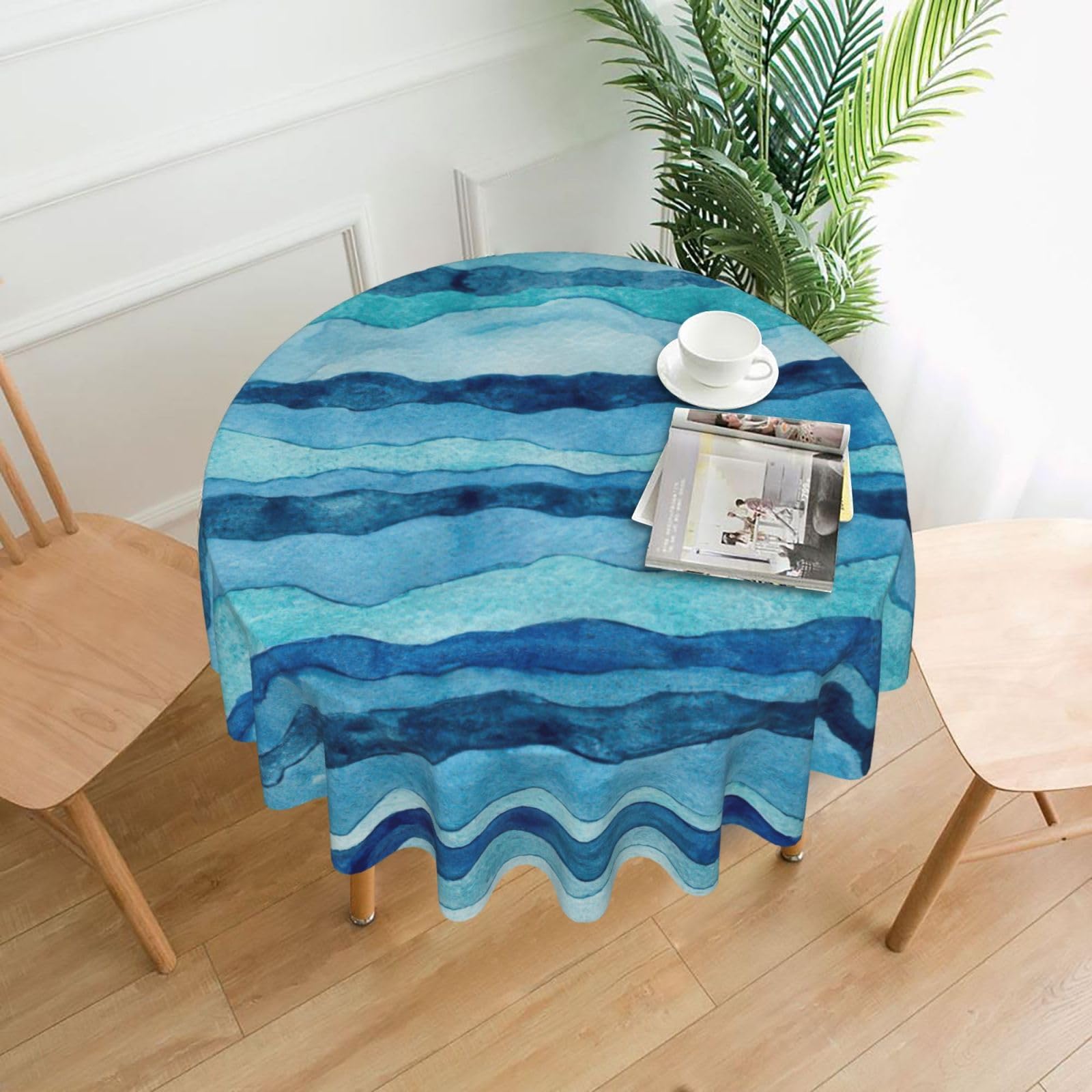 SDEGTHO Blue Wave Stripe Print Modern Retro Round Tablecloth 60in Polyester Fabric Cover for Party Dining Table Washable