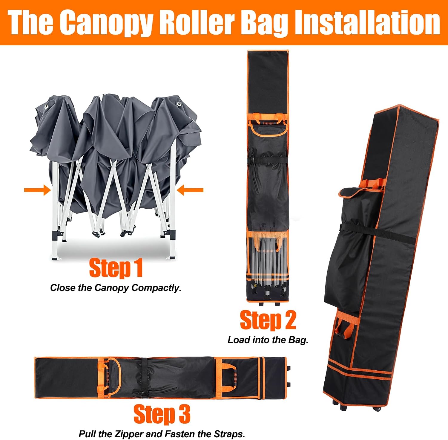10x10x62in Canopy Bag Replacement, 800D Waterproof Oxford Canopy Carrying Bag, for 10x10 Pop Up Canopy Tent with Roller Wheels/Handle/Buckle Strap/Pocket for Easy Carrying, Black