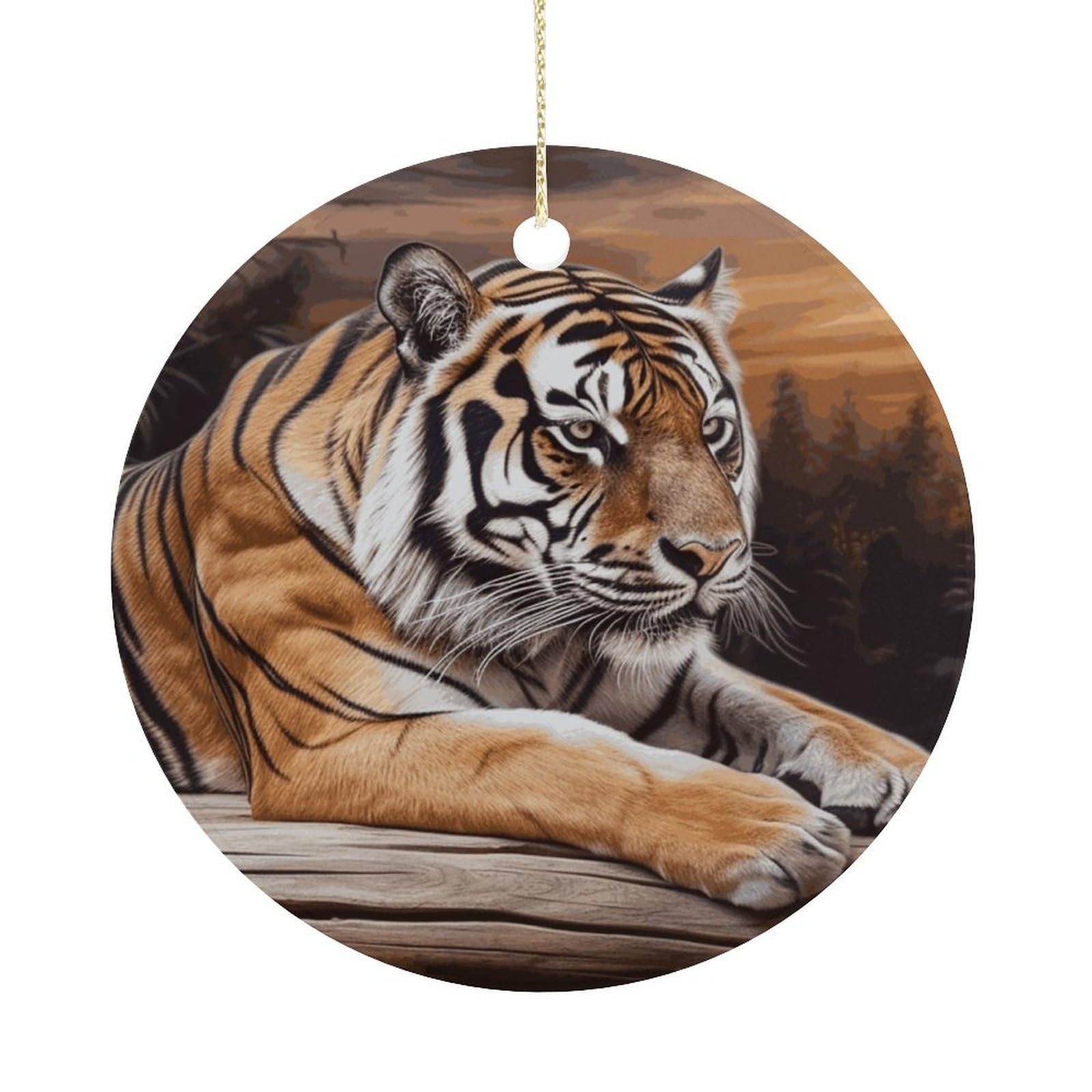 Tiger Lying on Wood Christmas Ornaments Colorful Round Ceramic Ornament Christmas Hanging Decor Christmas Tree Decorations Xmas Keepsake for Women Men Xmas Holiday Party