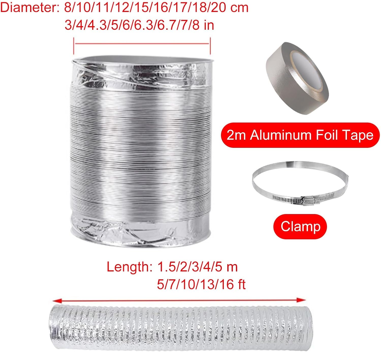 Aluminum Foil Dryer Vent Hose, Flexible Exhaust Duct Hose 3" 4" 5" 6" 7" 8", Flame Retardant, Ducting Insulated Air for Kitchen Range Hood HVAC(8cmx2m(3inx7ft))