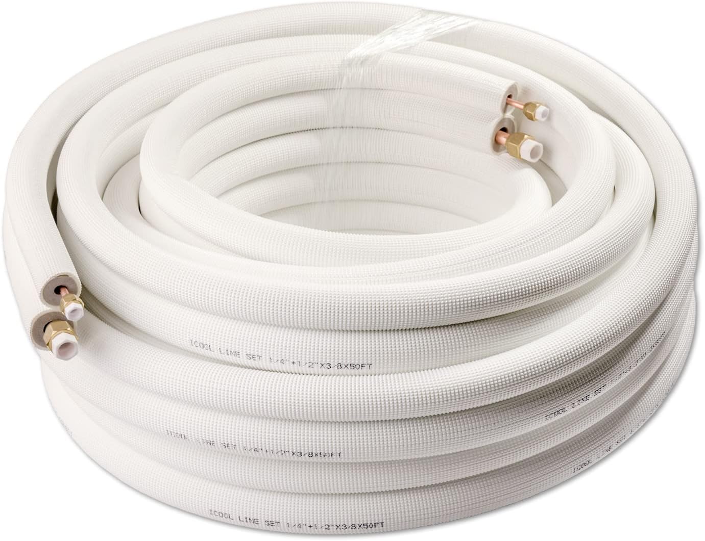 ICOOL 50 Ft. Mini Split Line Set, 1/4" & 1/2" O.D. Twin Copper Pipes, 3/8" Thickened PE Insulated Coil Copper Line with Nuts for Air Conditioner HVAC Refrigeration and Heating Equipment