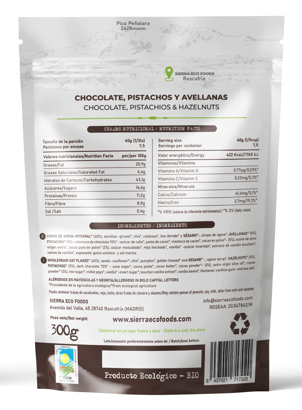Granola Ecológica y Artesana con Chocolate Negro, Pistachos y Avellanas, Sirope de Ágave y Aceite de Oliva Virgen Extra, Semillas, Avena Integral de Copo Entero (Pack: 3 x 300g) Total 900g