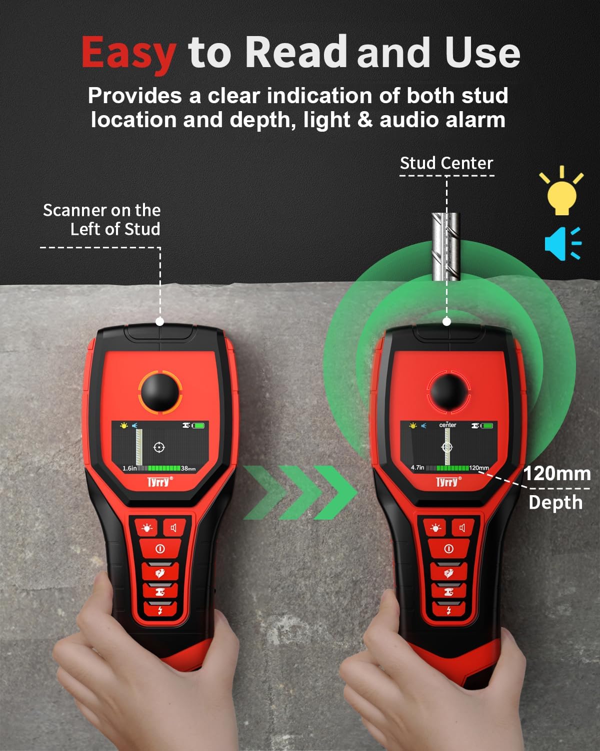 5 in 1 Stud Finder Wall Scanner, Professional Accurate Studfinder for Precise Center and Edge of AC Wire Magnetic Metal Joist Wood Pipe Detection, Audio Light Alarm, Color Display Position Depth