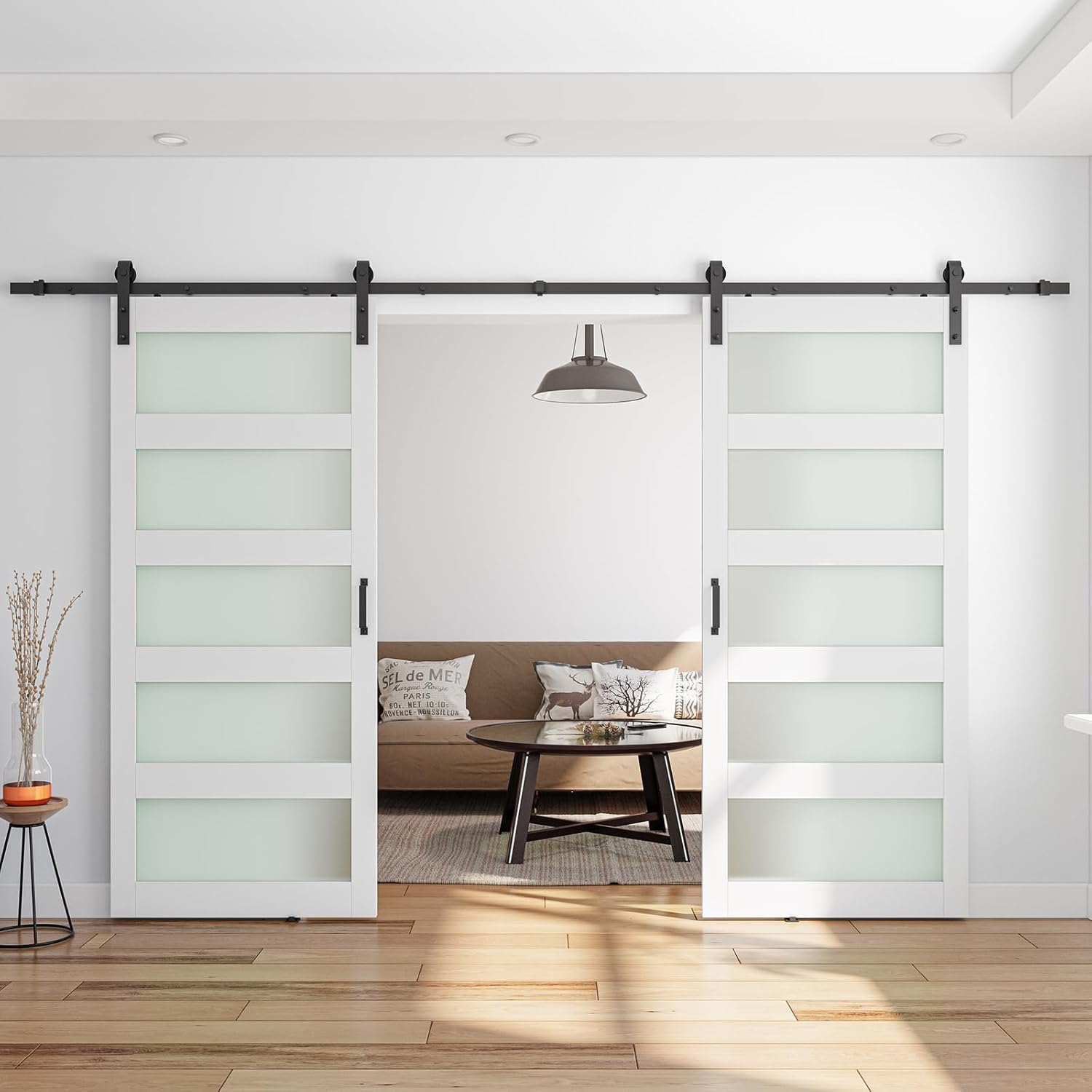 68" x 84" (Double 34" x 84" Doors) Glass Barn Door with 12FT Sliding Door Hardware Kit Included, Assemblely Needed, 5-Panel Frosted Glass, Waterproof PVC Surface, White