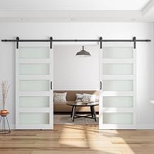 68" x 84" Double 34" x 84" Doors Glass Barn Door with 12FT Sliding Door Hardware Kit Included, Assemblely Needed, 5-Panel Frosted Glass, Waterproof PVC Surface, White