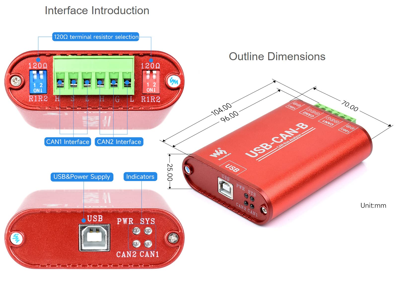 Waveshare USB to CAN Adapter Dual-Channel CAN Analyzer Industrial Isolation Support Windows XP/7/8/10/11/Linux Systems