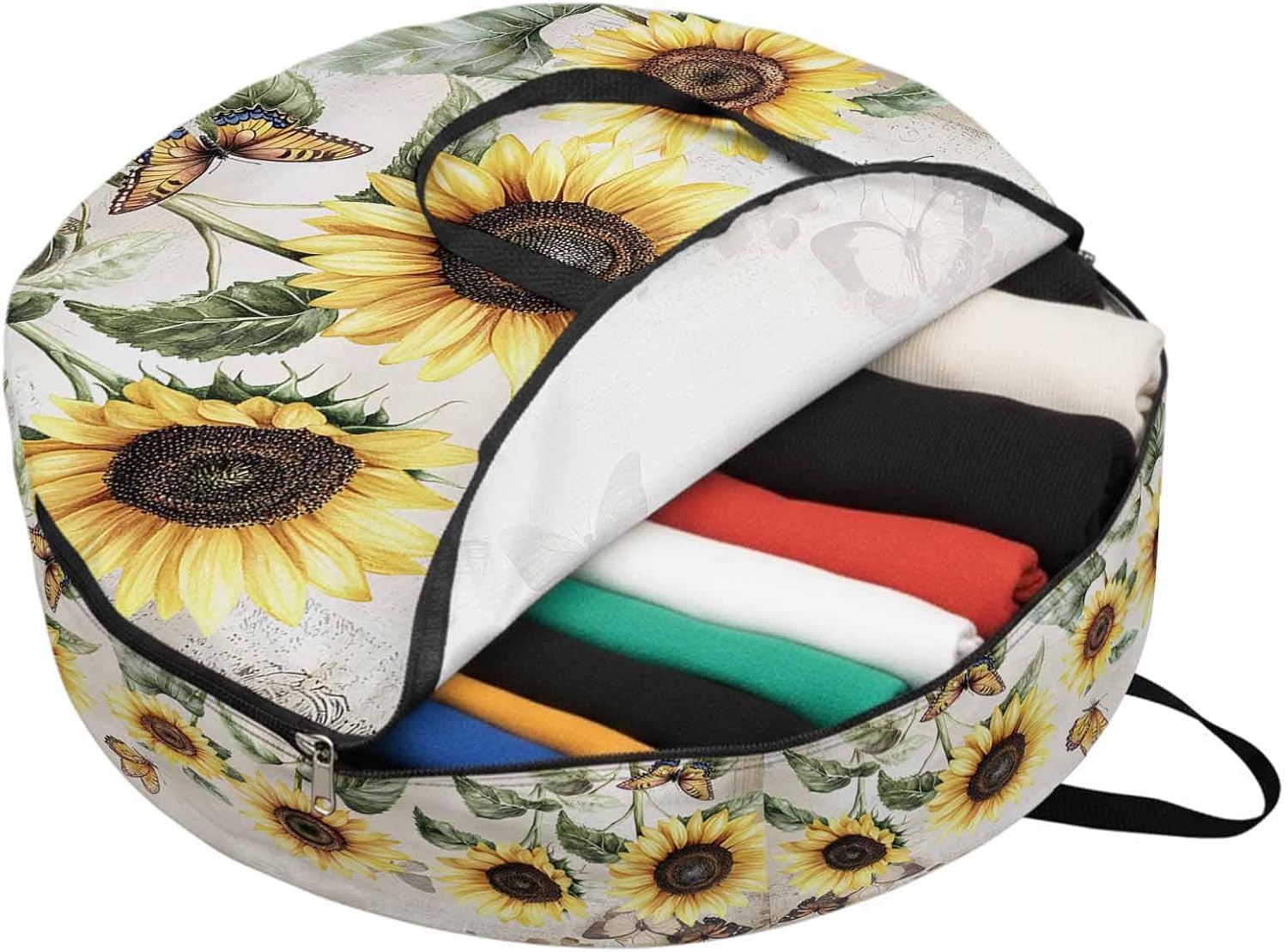 American Pastoral Style Round Storage Bag 36 Inch, Flower Sunflower Farm Clothes Storage Container with Handles Heavy Duty Organizer for Comforter, Bedding & Holiday Wreaths