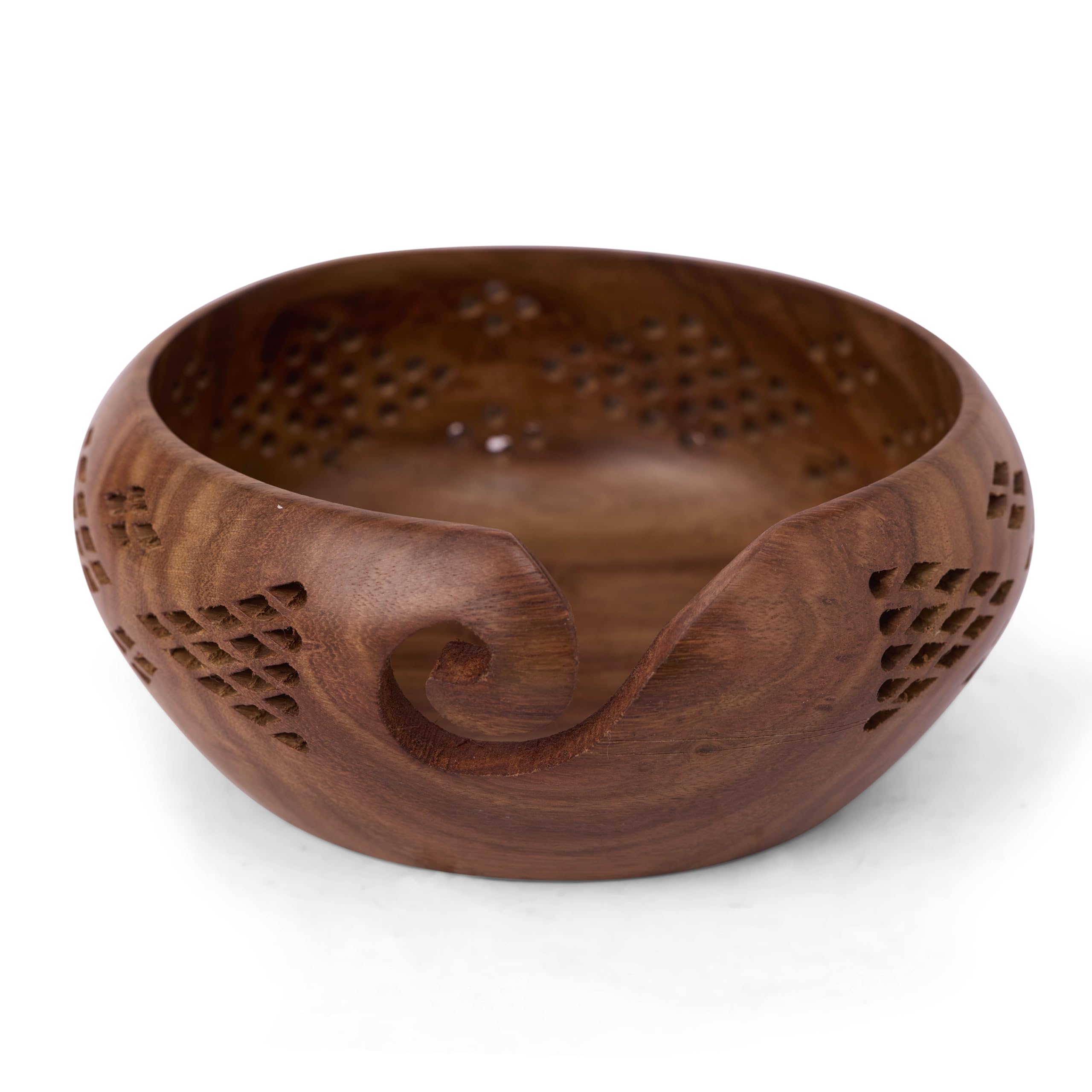GURU JEE™ Handmade Wooden Yarn Bowl Wool Ball Holder Knitting Bowl Crochet Holder Gifts Showpiece (Natural Brown Jali 1 (6x3))
