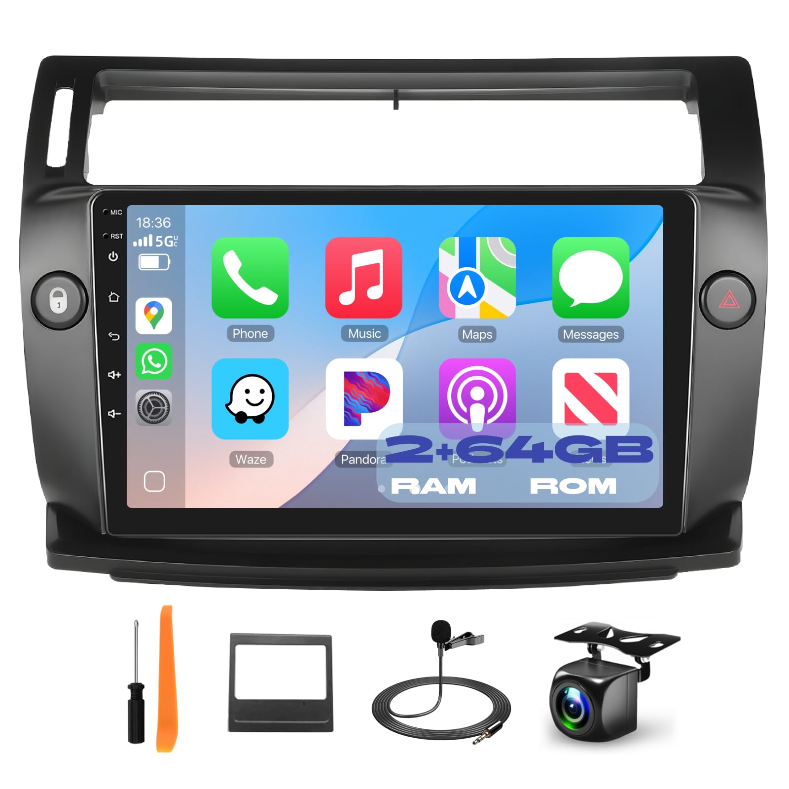 Podofo Autoradio Carplay pour Citroën C4 (2004-2009), écran Tactile 9 Pouces, 2Go+64Go, avec Carplay sans Fil Android Auto, Bluetooth/GPS/WiFi/FM/RDS/HiFi/USB
