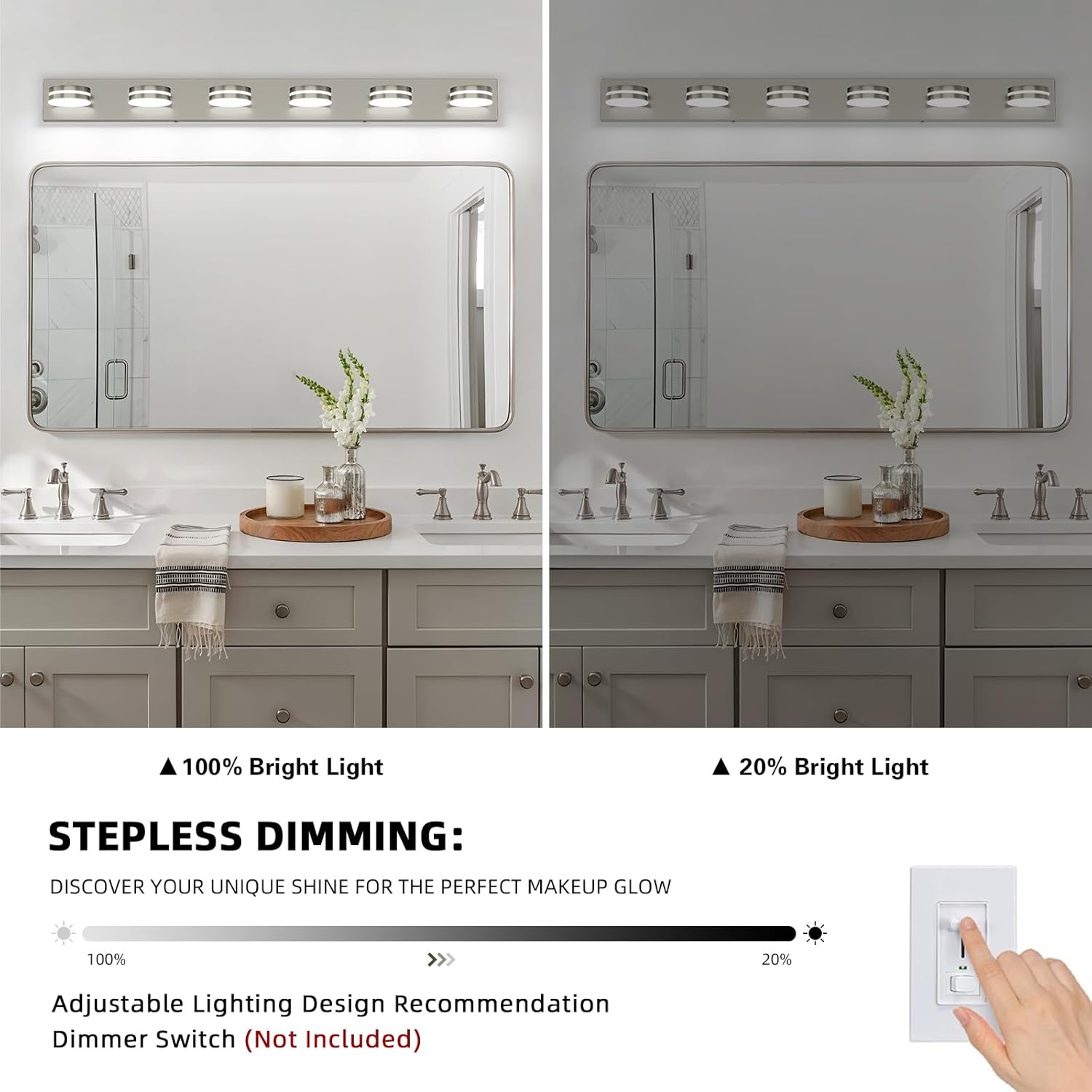 6-Light Nickel Bathroom Vanity Light Over Mirror, LED Vanity Lighting Fixtures, Modern Bathroom Wall Light Fixtures with 360°Rotating Lamp Head (Cool White 5500K)