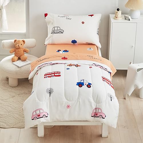 Miniatura 2 de Juego de ropa de cama de 4 piezas para bebés niñas y niños, bonito estampado de coche y árbol en blanco, incluye edredón, sábana encimera, sábana