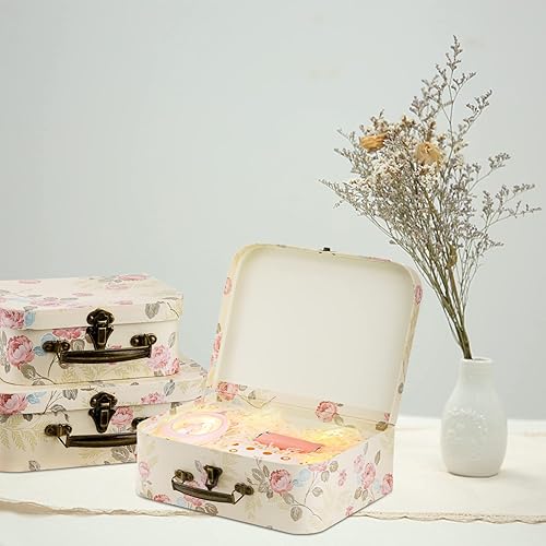 Miniatura 6 de Fasmov Paquete de 3 maletas de cartón, cajas de almacenamiento decorativas, cajas de regalo con tapas para almacenamiento de fotos, decoración del