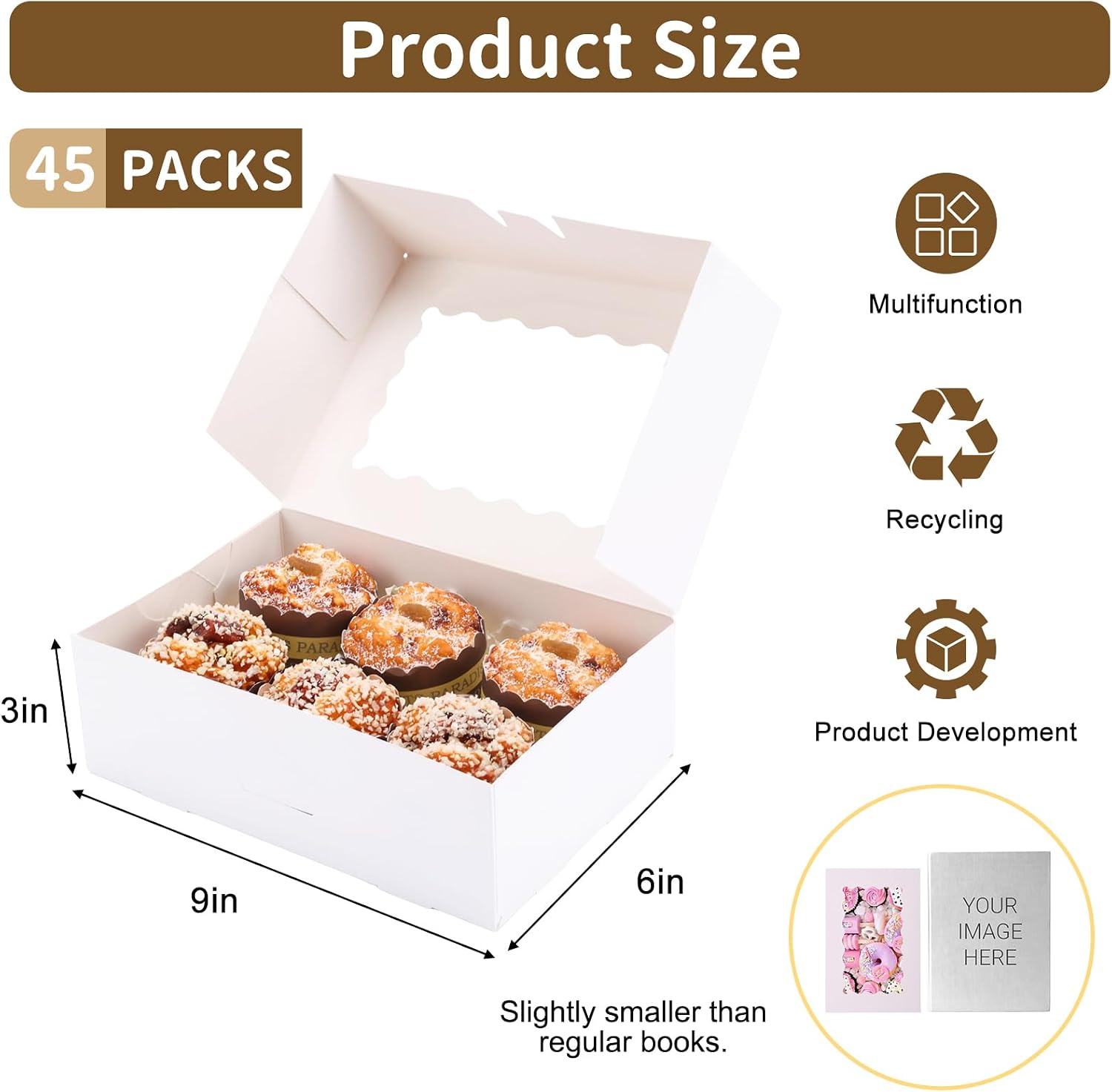 Moretoes 45pcs Cookie Boxes with Window, 9x6x3in Auto-Popup Bakery Boxes image 2