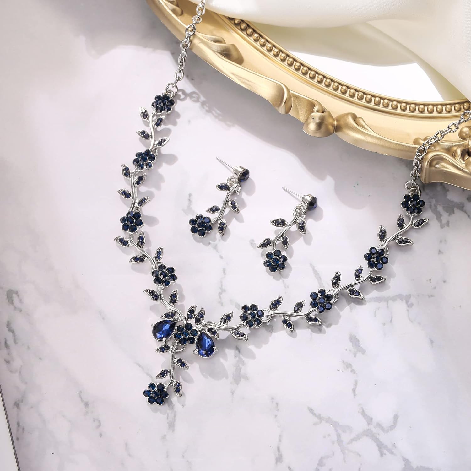 BriLove Women's Wedding Jewelry Leaf Cluster Flower Crystal Dangle Earrings Pendant Necklace Set for Bridal - Image 5