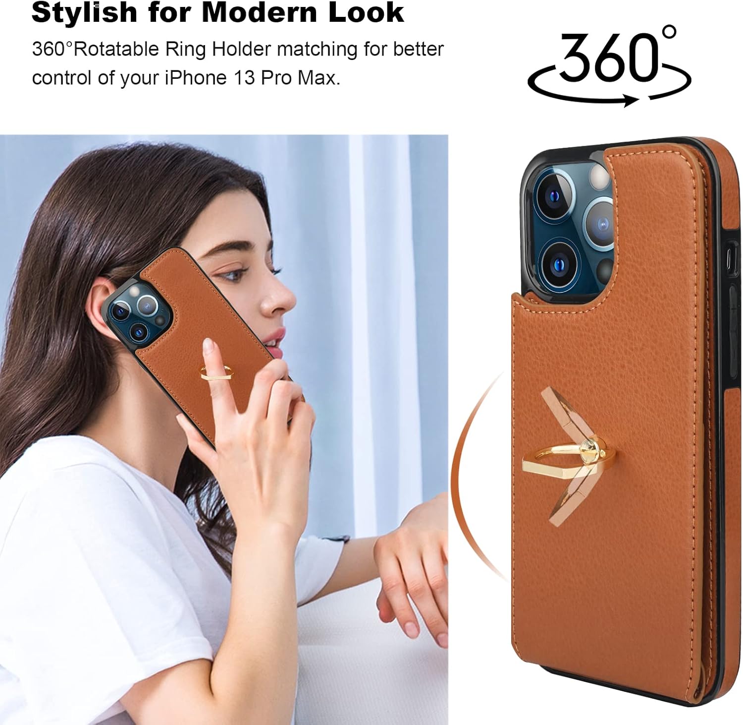 Folosu Compatible with iPhone 13 Pro Max Case Wallet with Card Holder, 360°Rotation Finger Ring Holder Kickstand Protective RFID Blocking PU Leather Double Buttons Flip Shockproof Cover 6.7 Inch Brown - Image 3