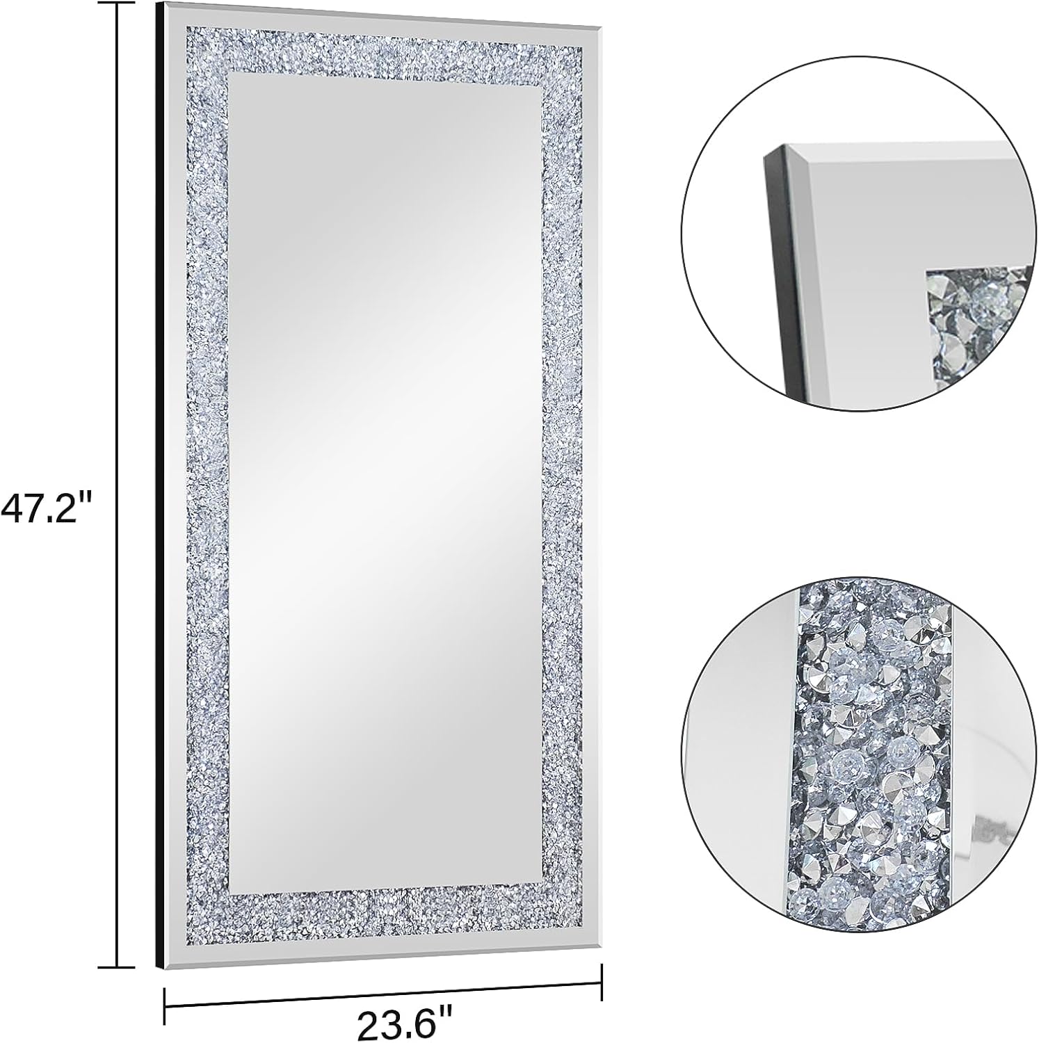 Silver Rectangular Wall Mirror, Crushed Diamond Mirror Decor, 47.2x23.6 Inches Large Mirror, Modern Decorative Mirror for Living Room, Dressing Room, Bathroom, Sink, Horizontal or Vertical Hanging