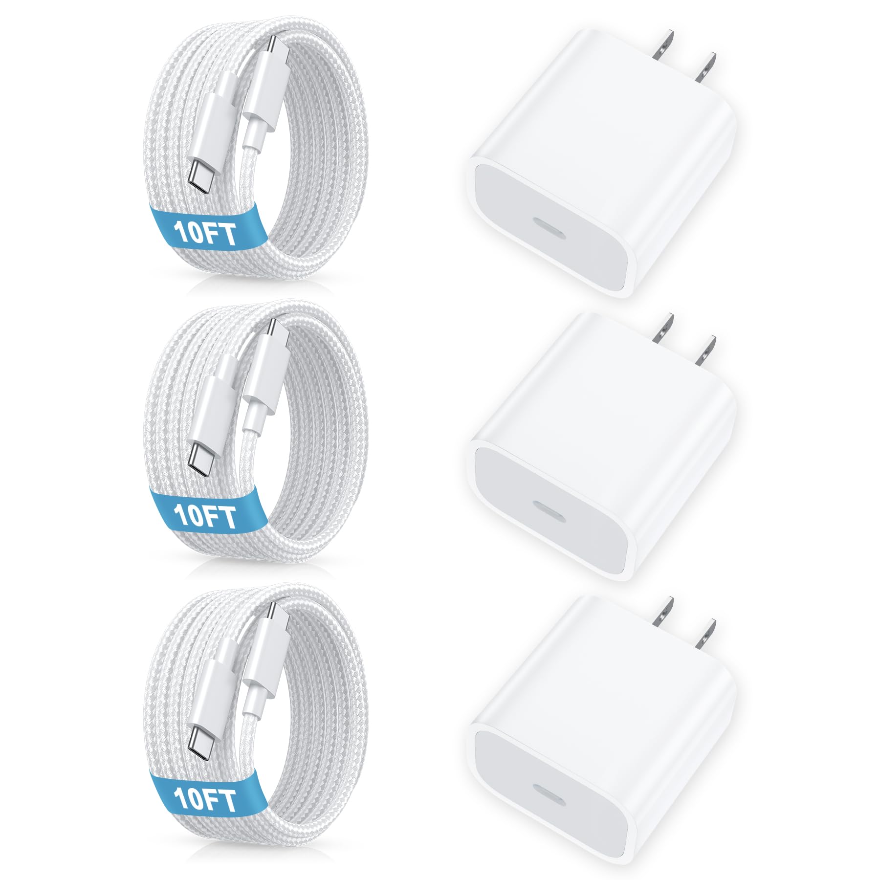 [3 Pack] USB C Charger Block, Fast Charging 20W USB-C Power Adapter Fit for Phone 17/16/15/17 Pro/Pro Max/Plus,i Pad, AirPods，Apple Watch and More，10FT Type C Cords