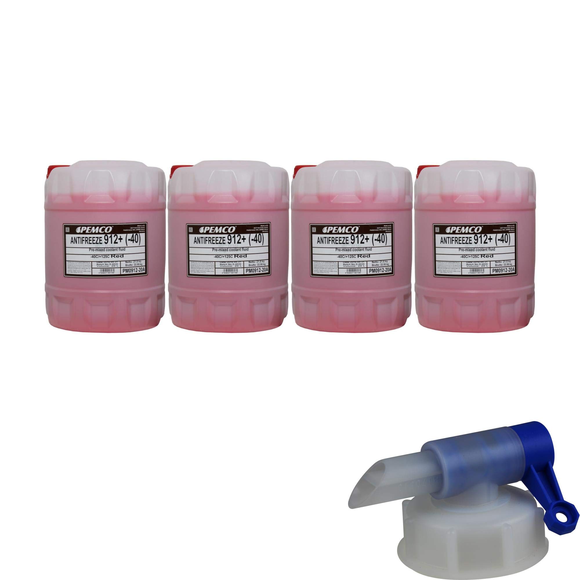 4x 20 Liter PEMCO Kühlerfrostschutz Antifreeze 912+ (-40) rot red + Auslaufhahn G12+