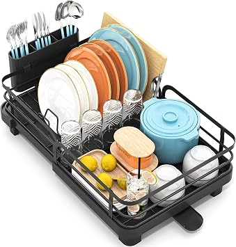 Dish Drying Rack for Kitchen Counter, Extendable Dish Rack with Drainboard, Collapsible dish drainer, Expandable Dish Strainer with Cutlery Holder, Foldable Home Countertop Plate Storage Rack, Black