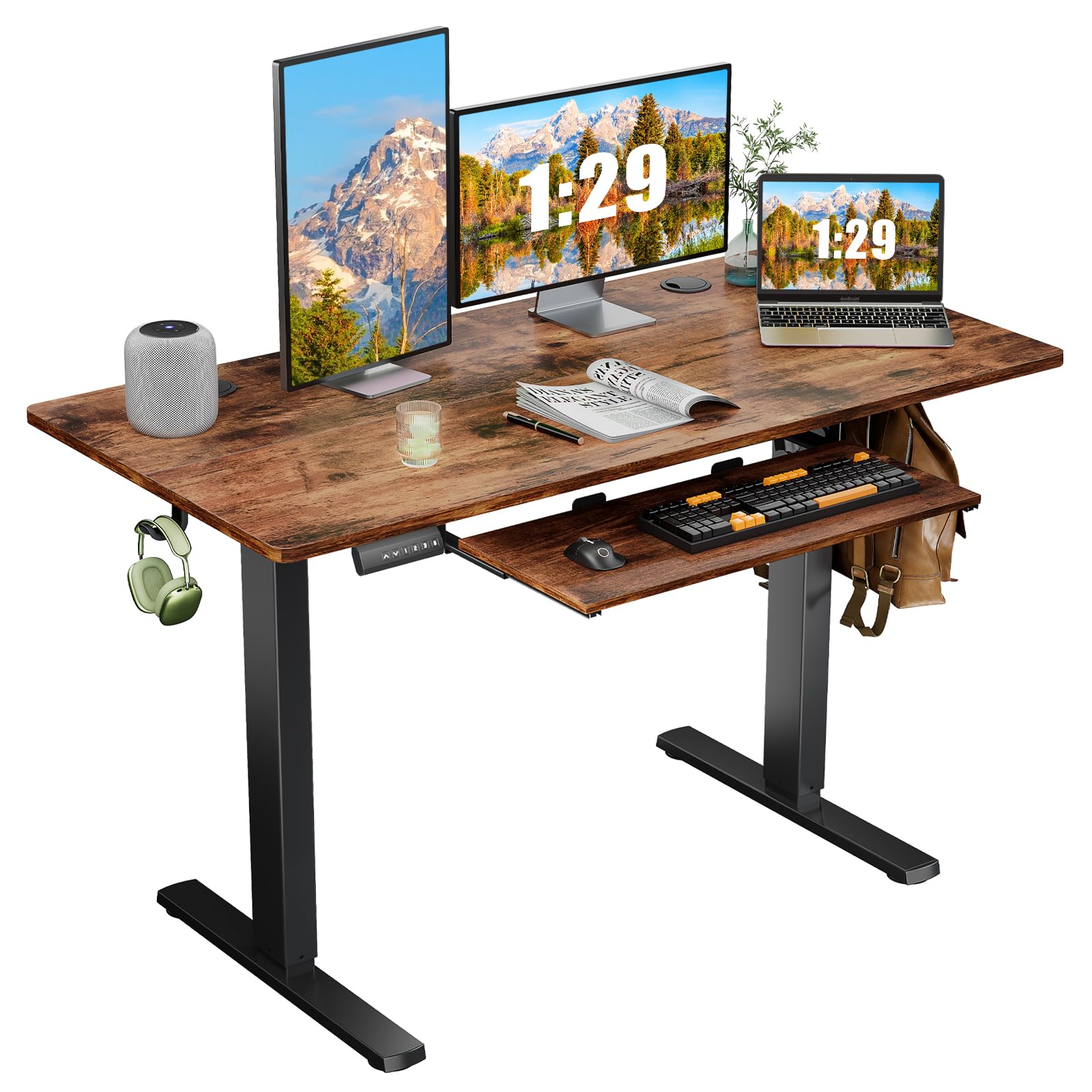 Sweetcrispy Electric Standing Desk Adjustable Height, 48 x 24 inch Stand up Sit Stand Desk with Keyboard Tray, Ergonomic Home Office Rising Table Computer Workstation Gaming Work Desk, Rustic Brown