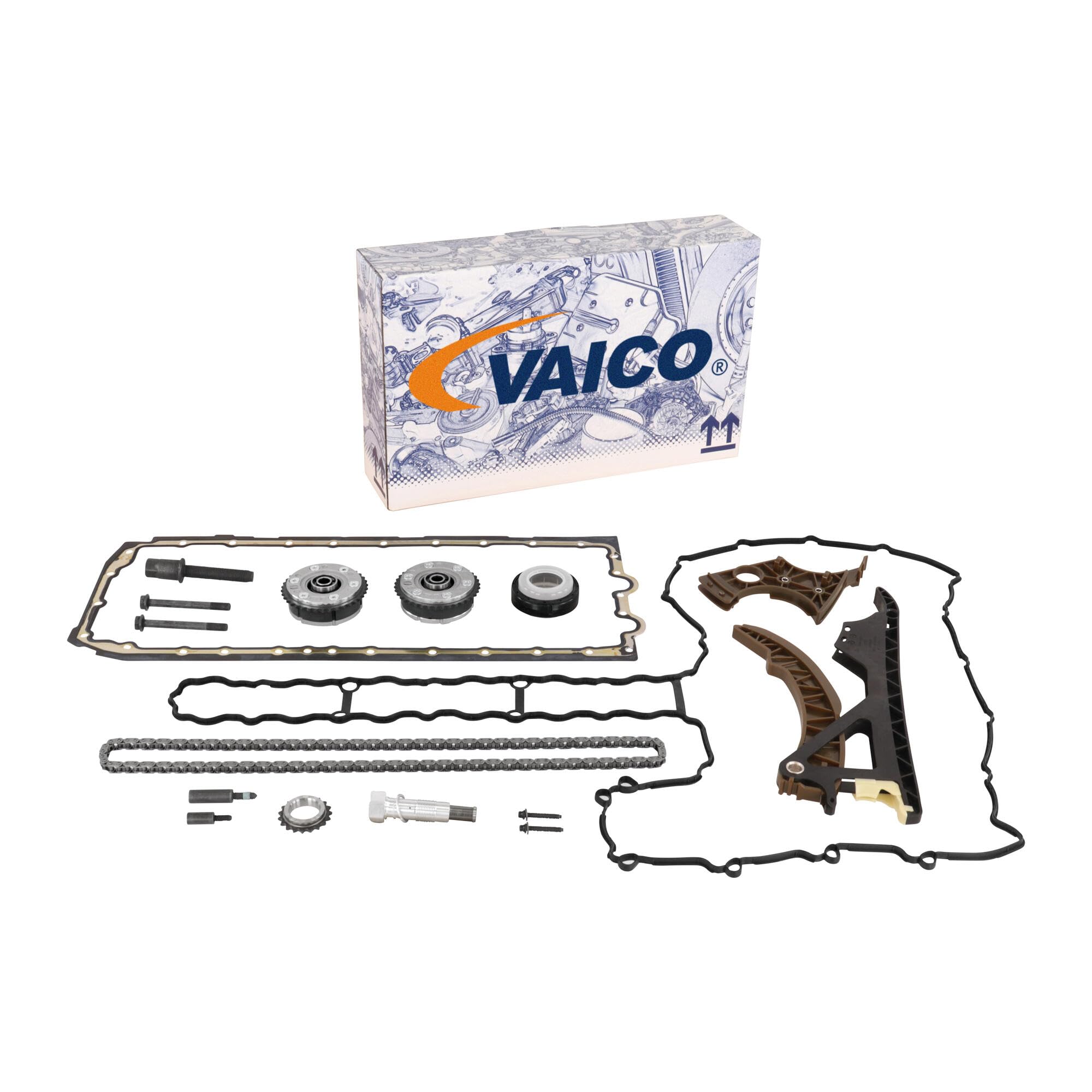 VAICO V20-10027 Kit catena distribuzione con accessori con guide di scorrimento con tendicatena con ingranaggio comando distribuzione con regolatore albero a camme con guarnizione cappa testa del con