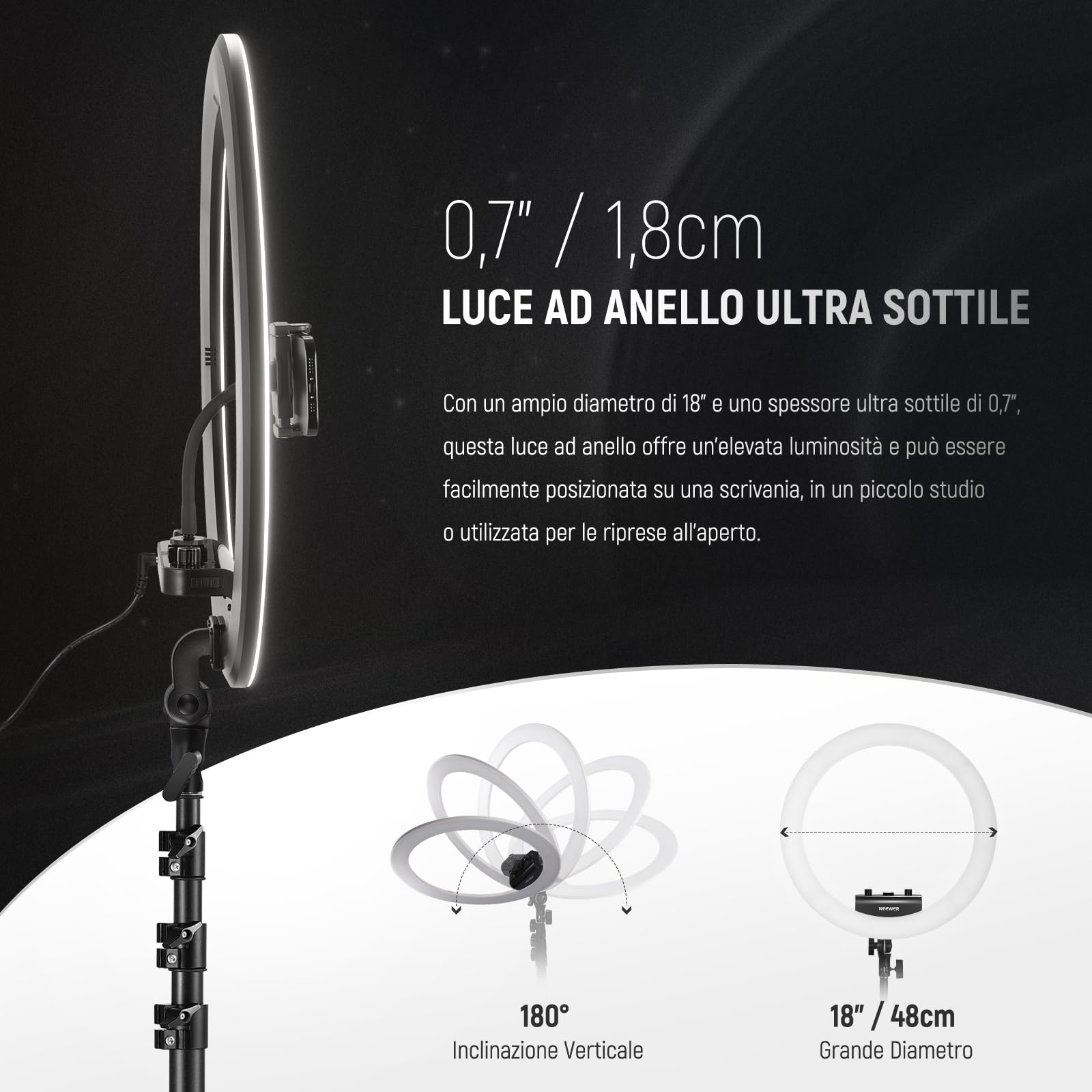 NEEWER Profesjonalne oświetlenie pierścieniowe ze stojakiem i uchwytem na telefon, 45 W 2900K-7000K TLCI98, zdalny wyzwalacz i sterowanie aplikacją, miękkie oświetlenie do Make up Live Stream TikTok,