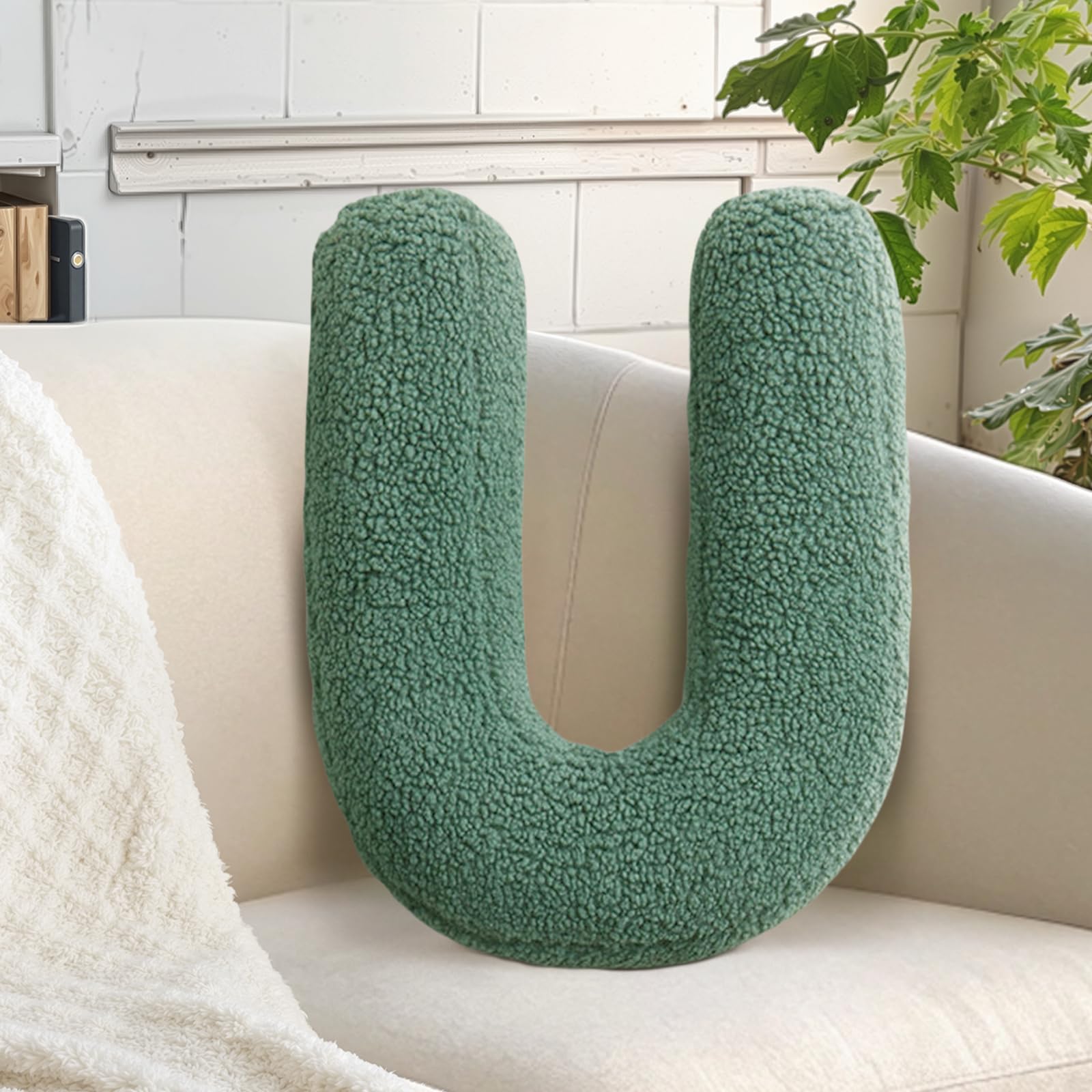Initial Letter Pillow Soft Lambs Wool Throw Pillow Kids Room Nursey Playroom Decorations Green Alphabet I Cushion (U, 14.9" Lx11.8 W)