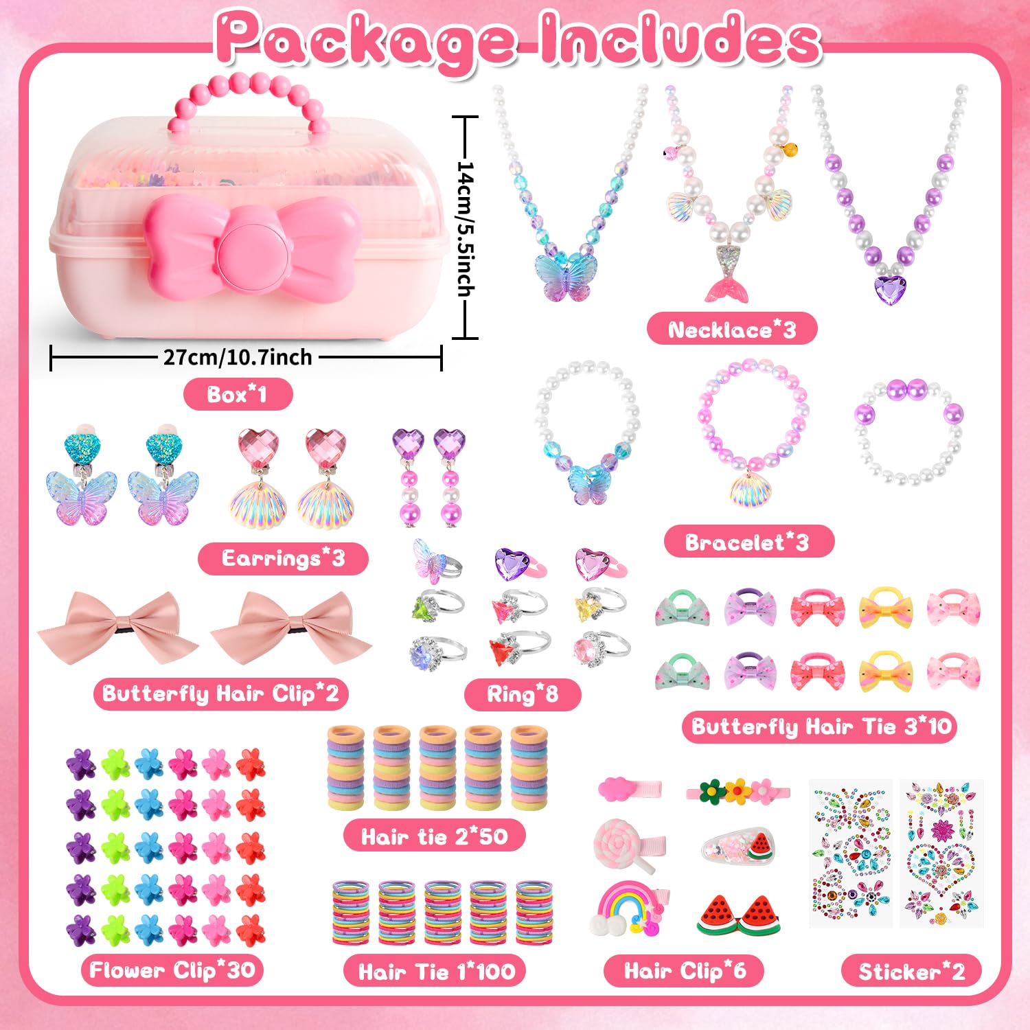 Bijoux Jouets Fille, 218 Pièces Boite a Bijoux Enfant Princesse avec Collier, Bracelet, Bagues, Attaches Cheveux et Pinces à Cheveux, Anniversaire Noël Cadeau Fille pour 3 4 5 6 7 8 9 10 Ans