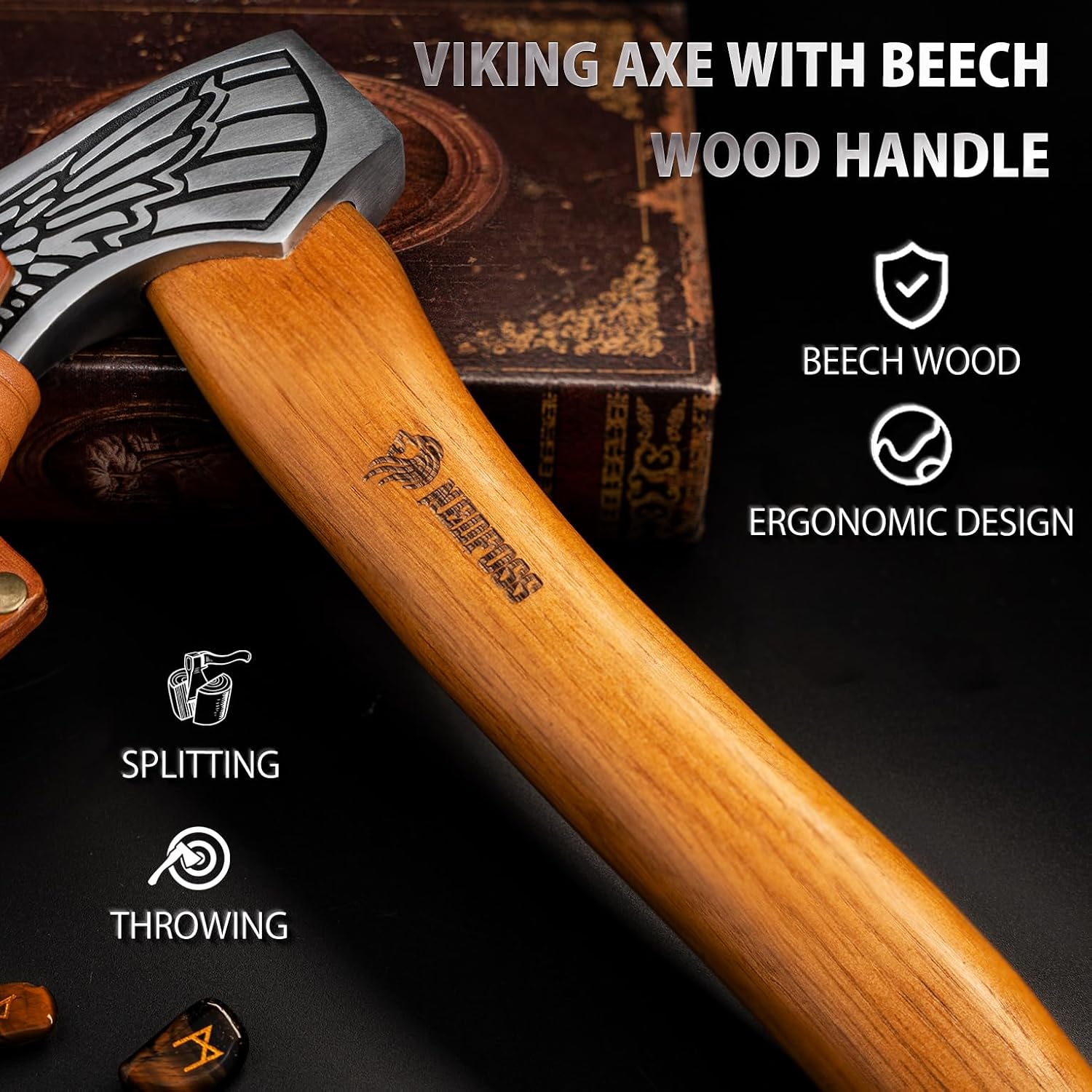 NedFoss 13" Valkyrie Viking Axe, Handmade Viking Hatchet with Leather Sheath, High Carbon 1055 Steel Blade, Premium Viking Axes Design for Camping Bushcraft Hatchet, Collection, Gift for Men Women