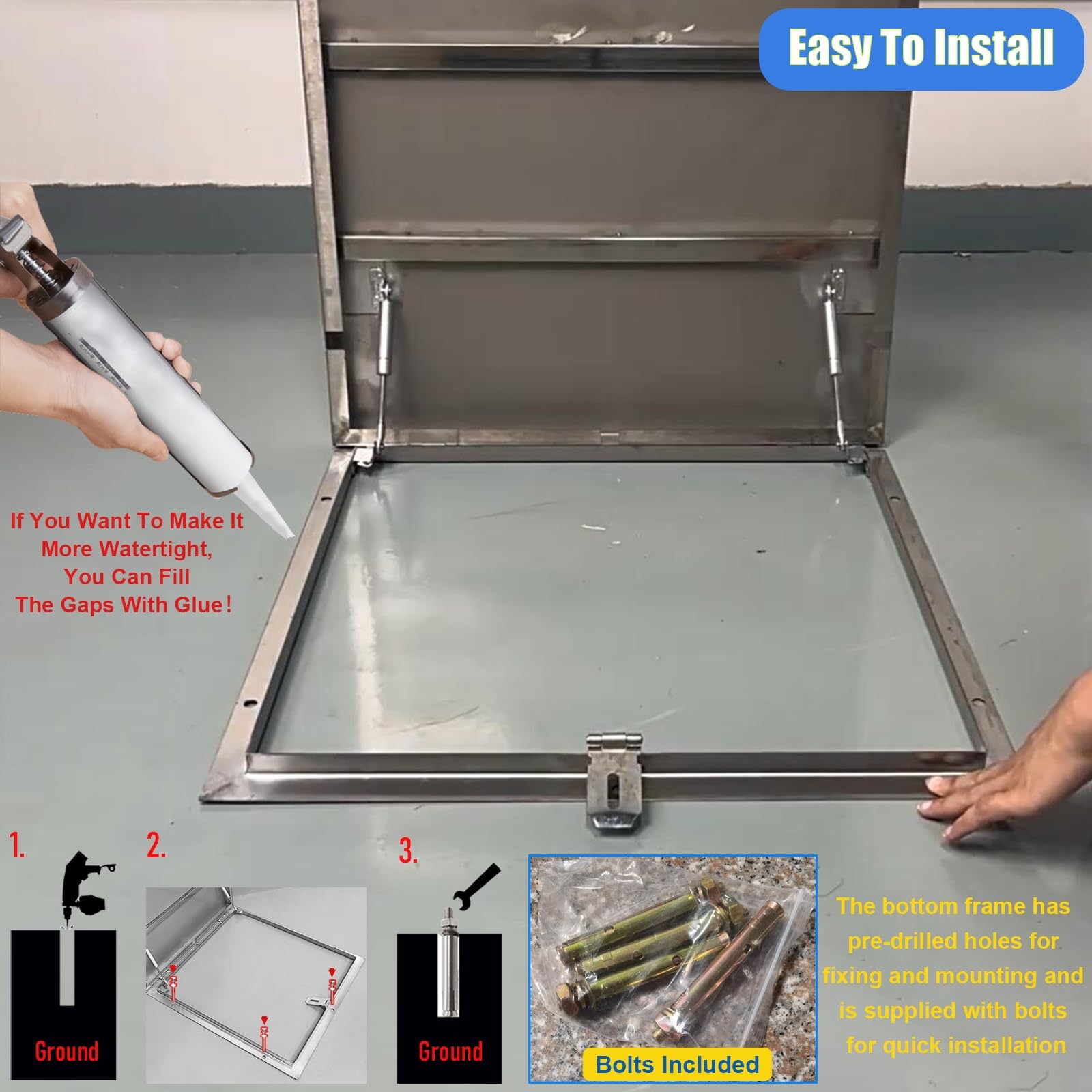 Trampilla de Suelo 195 175 155 135 115 95 75 55 cm Tapa De La Escotilla Del Techo, Acero Inoxidable 304 Tapa De Salida De Sótano Tapa De Acceso Al Ático Con Pestillo Hasp, Asa(Inner-LXW-145x80cm/57.1x