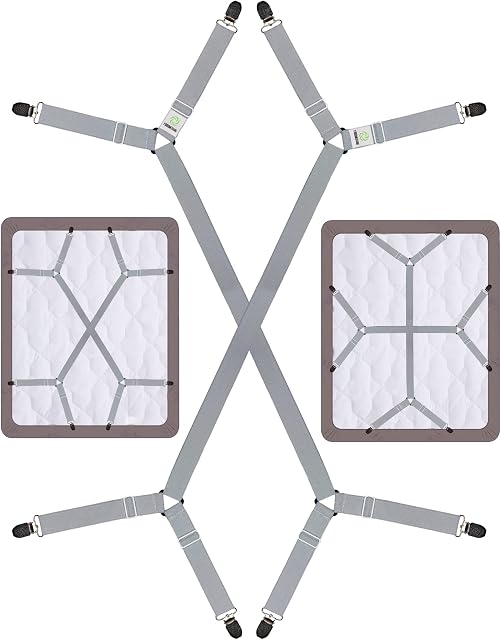 FIBOOMERANG Bed Sheet Clips, Criss-Cross Bed Sheet Straps Fasteners Fitted Sheets Flat Bedsheet in Place Mattress Corner Suspenders Grippers Holders (2Pcs/Set, Gray)