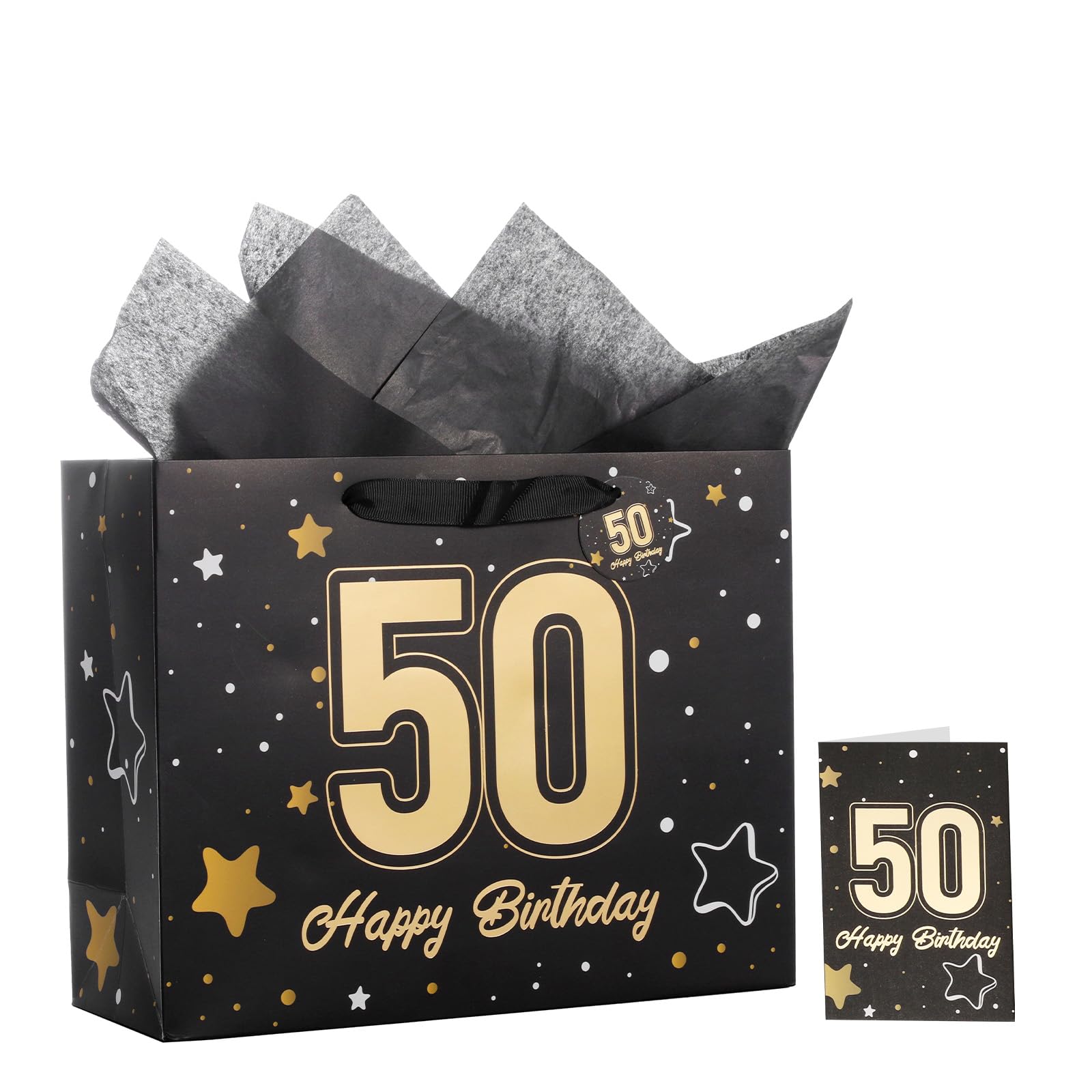 Powbrace 13" Birthday Gift Bag with Tissue Paper &amp; Card(Black 50th)
