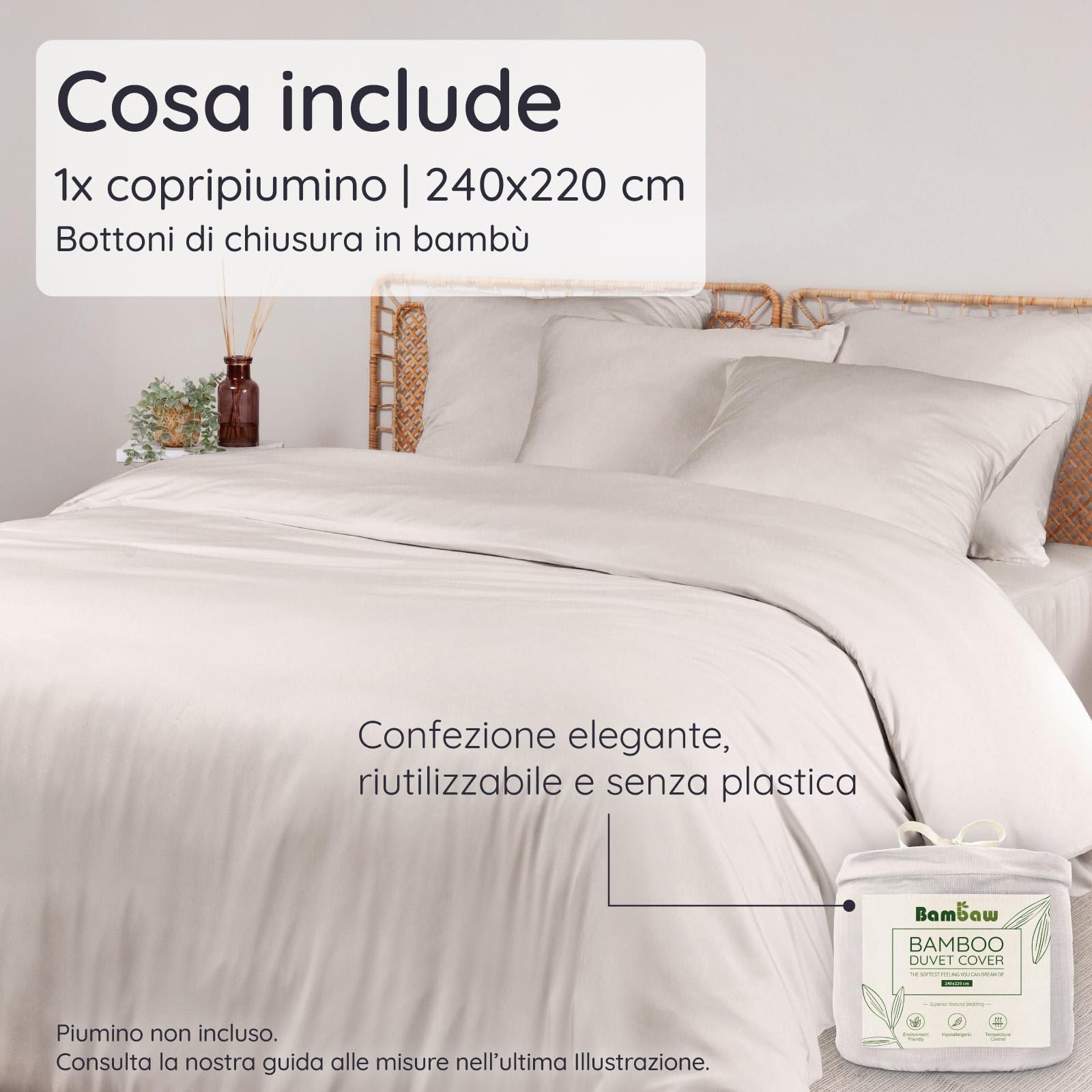 Bambaw Copripiumino matrimoniale 220x240 bambu, Lenzuolo rinfrescante matrimoniale, Lenzuola matrimoniali in bambu anallergiche, Biancheria da letto elegante, Copripiumino 220x240 cm (Sabbia)