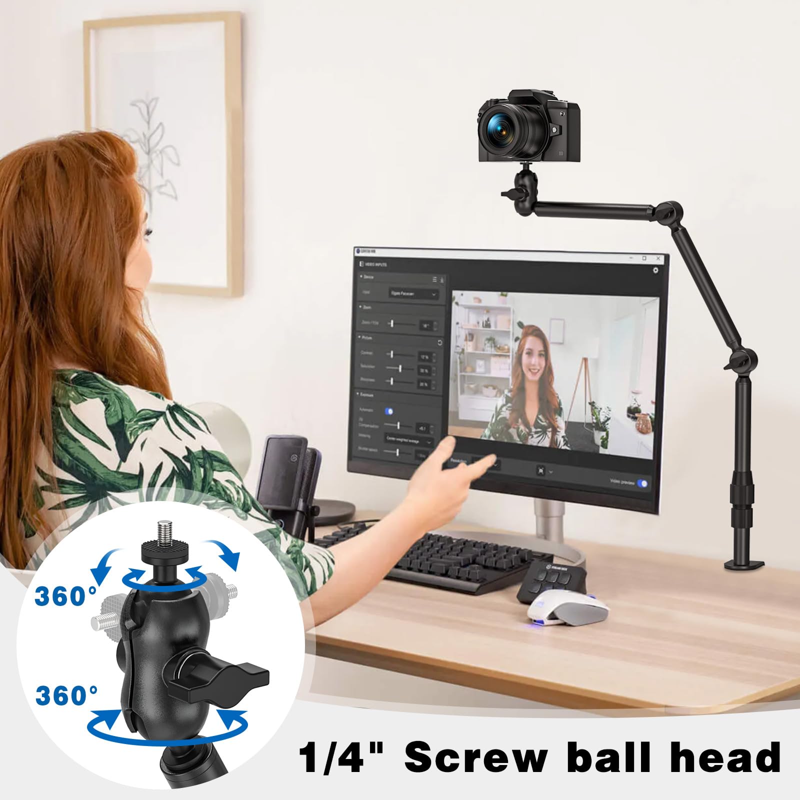Supporto per webcam da 78,5 cm con viti da 1/4", morsetto a C regolabile a 360°, braccio per microfono per DSLR Kameras, Ringlight, proiettore, webcam, microfono