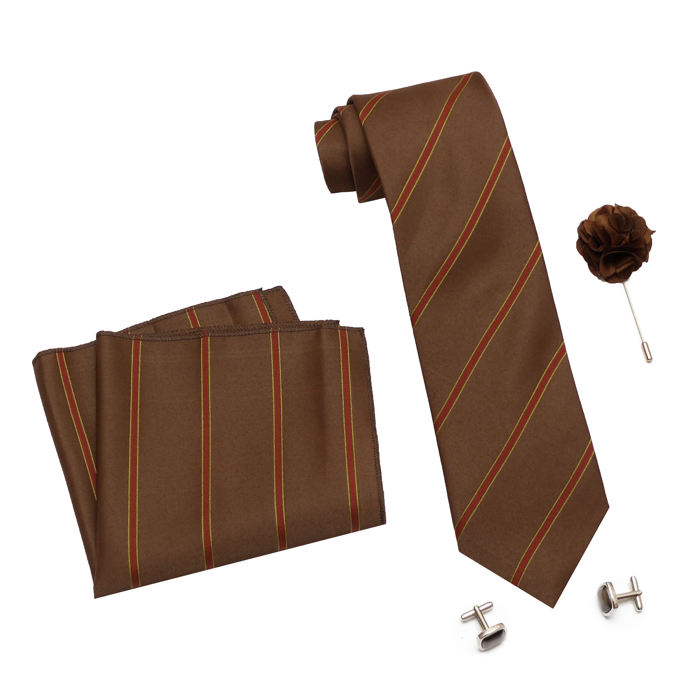 Tie for Men – Self Silk Neck Ties Set with Cufflinks Flower Pin, Pocket Square & Black Gift Box, Combo Necktie Sets for Office Wear, Formal Suits & Weddings (0, S6RX)-image-19