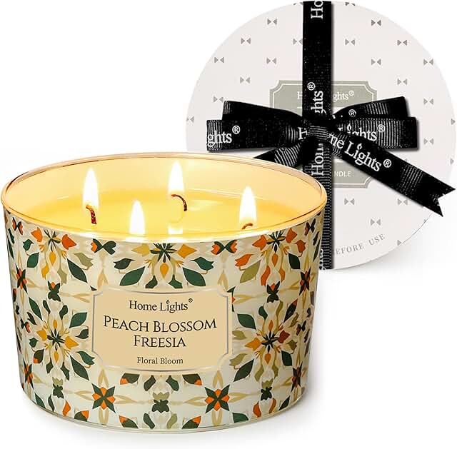 HomeLights Soy Wax Candles for Home Scented, 4-Wick Candles in Peach Blo...