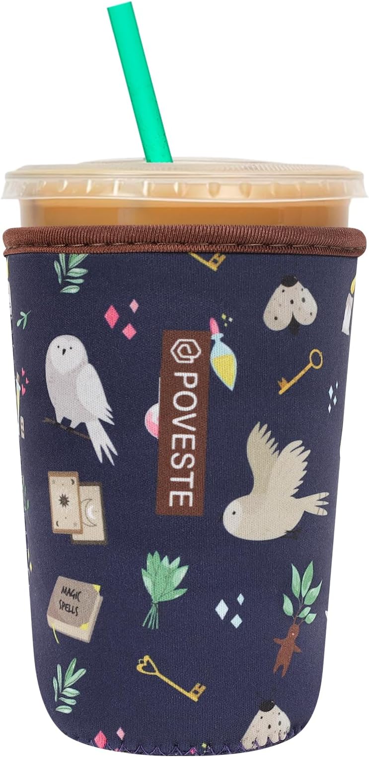 Reusable Neoprene Insulator Sleeve for Iced Coffee & Cold Soda, Coffee Sleeves for Iced & Hot Drinks, Cold Beverage Cooler Compatible with Starbucks, Dunkin (Hogwar Magic, Medium: 22-24oz)