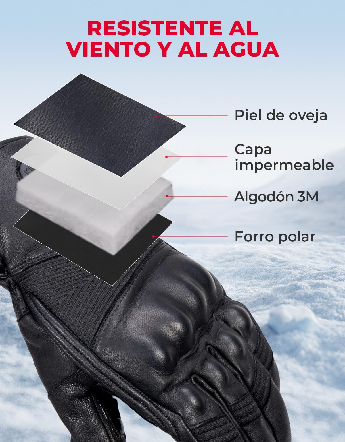 KEMIMOTO Guantes Moto Invierno Piel, Impermeables y Resistentes al Viento, con Pantalla Táctil, para Hombres y Mujeres, Exteriores Actividades de Invierno
