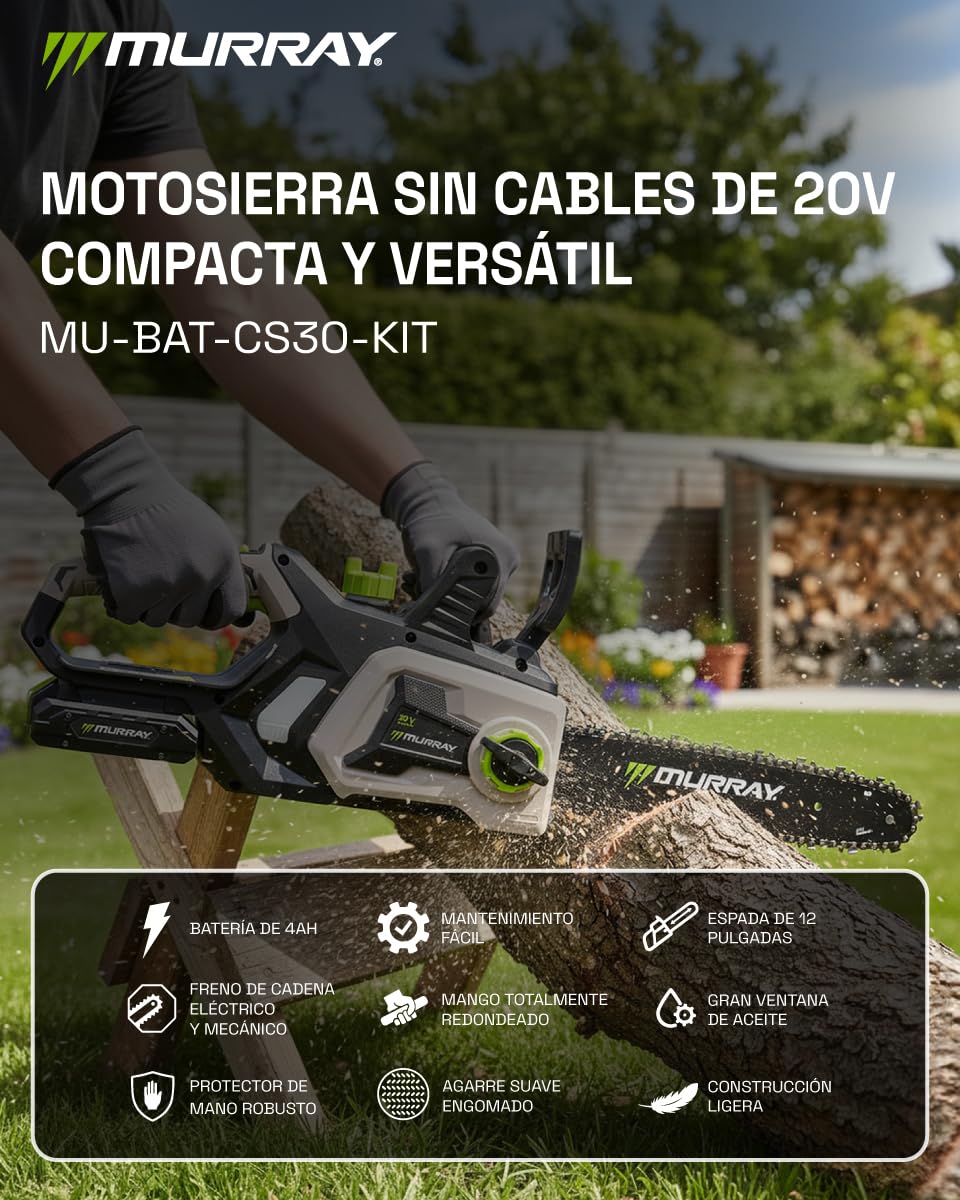Murray Motosierra Inalámbrica 20V MU-BAT-CS30-KIT – Espada & Cadena 12", Función SDS, Freno de Seguridad Doble – Empuñadura Redonda, Gran Ventana de Aceite – Incluye Batería 4Ah & Cargador